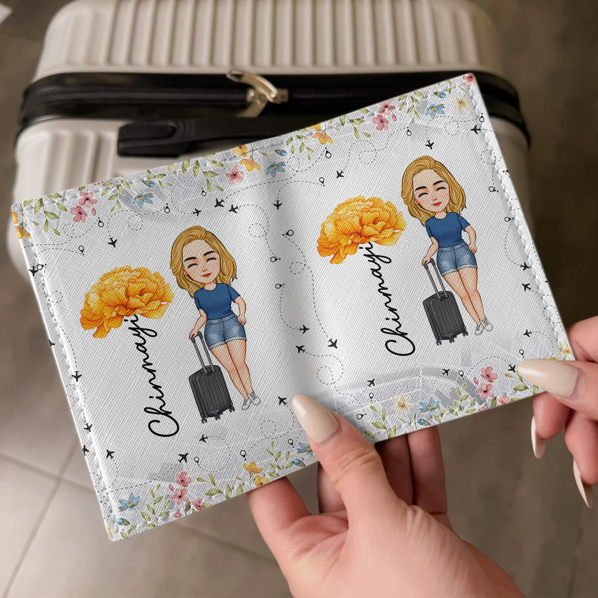 Birth Flower Travel Lovers - Personalized Passport Cover And Luggage Tag Travel Set - Image 2