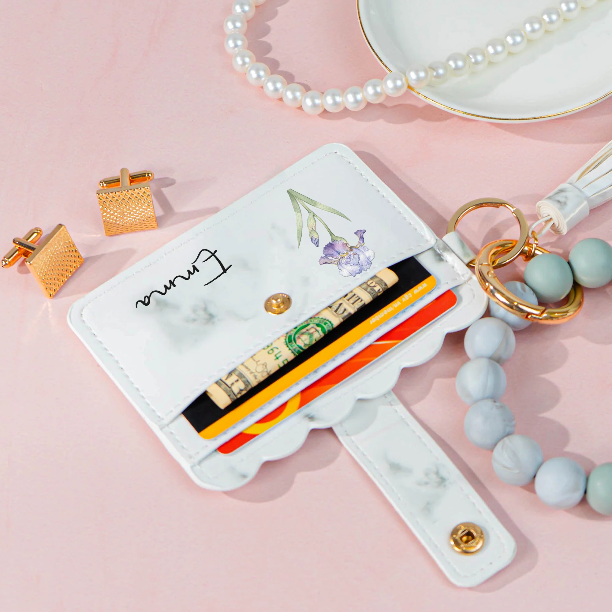 Birth Month Flower Gift For Her - Personalized Keychain Wristlet Leather Wallet - Image 5
