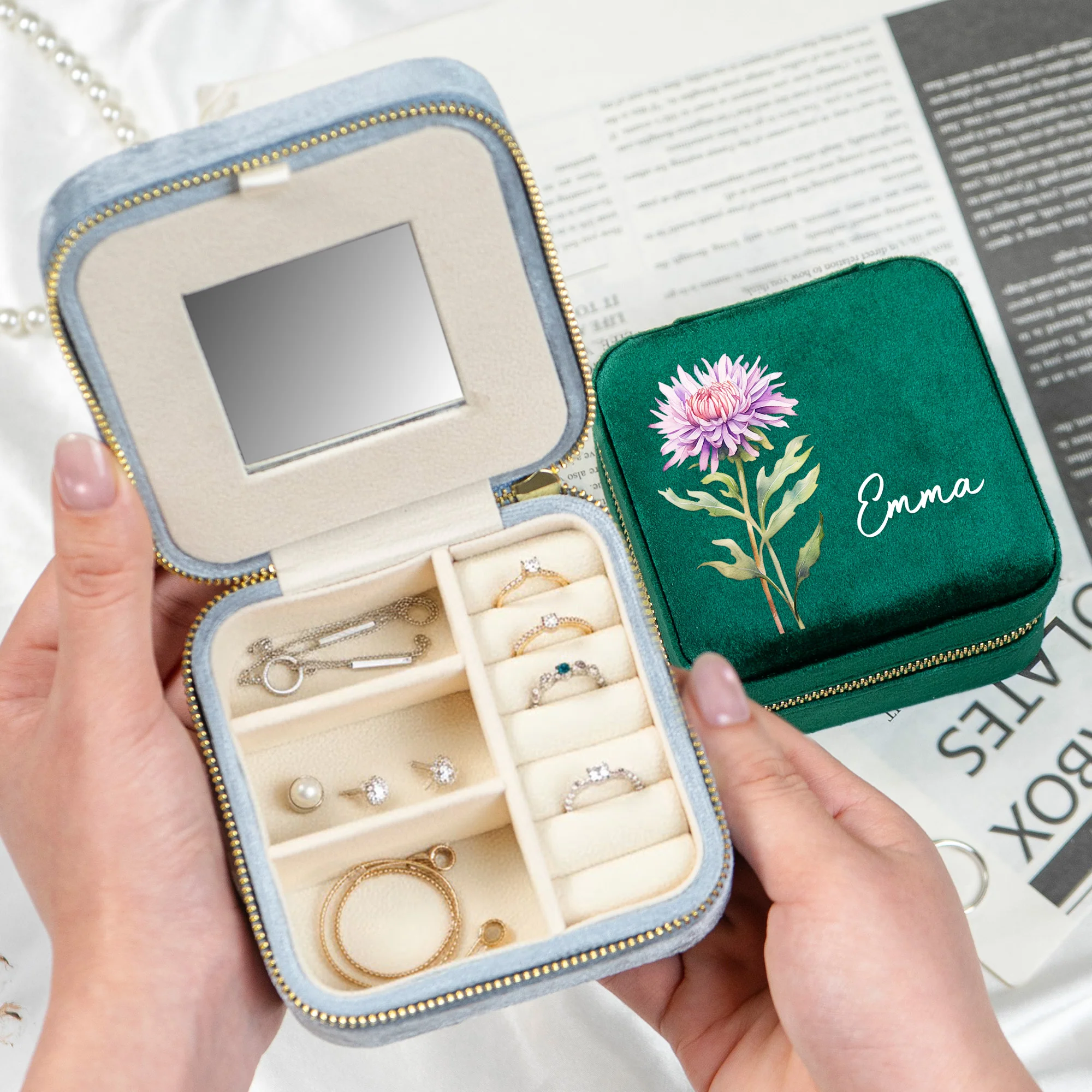 Birth Month Flower Gift For Her Velvet Travel Jewelry Box - Personalized Jewelry Box - Image 3