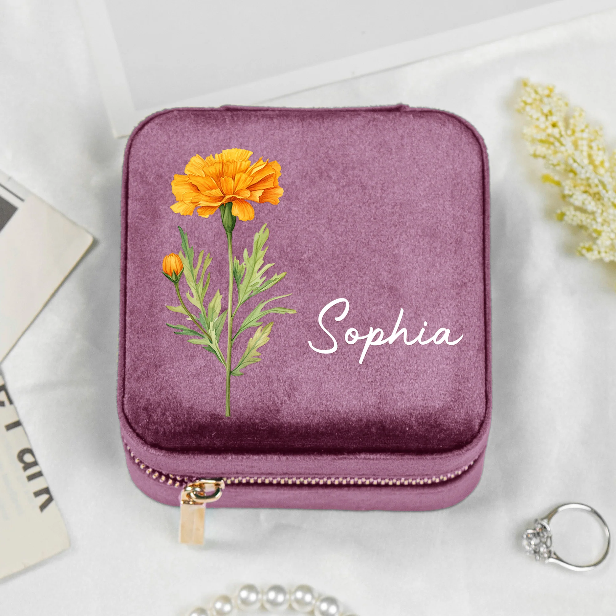 Birth Month Flower Gift For Her Velvet Travel Jewelry Box - Personalized Jewelry Box - Image 4