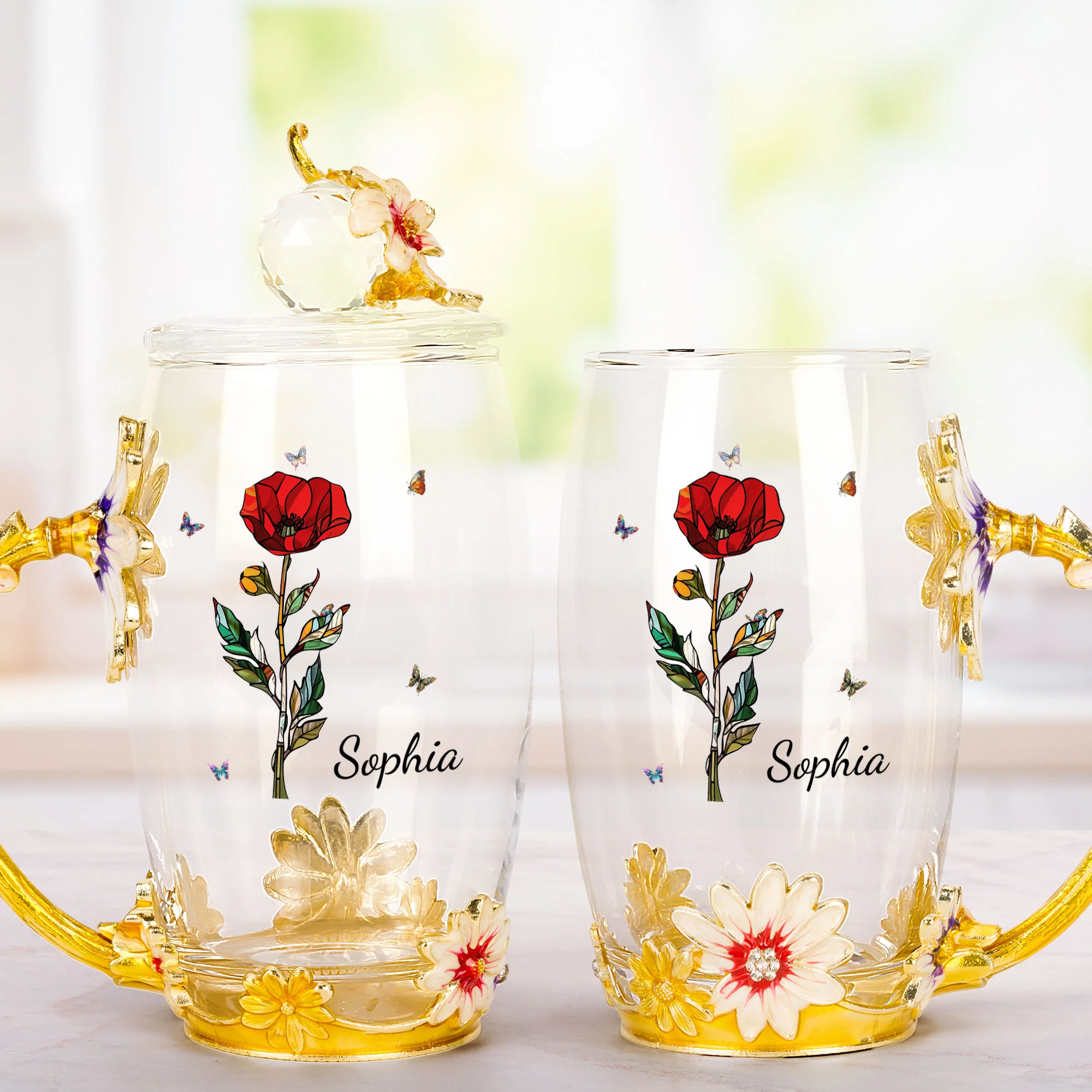 Birth Month Flower Stained Glass Version - Personalized Enamel Flower Tea Cup - Image 2