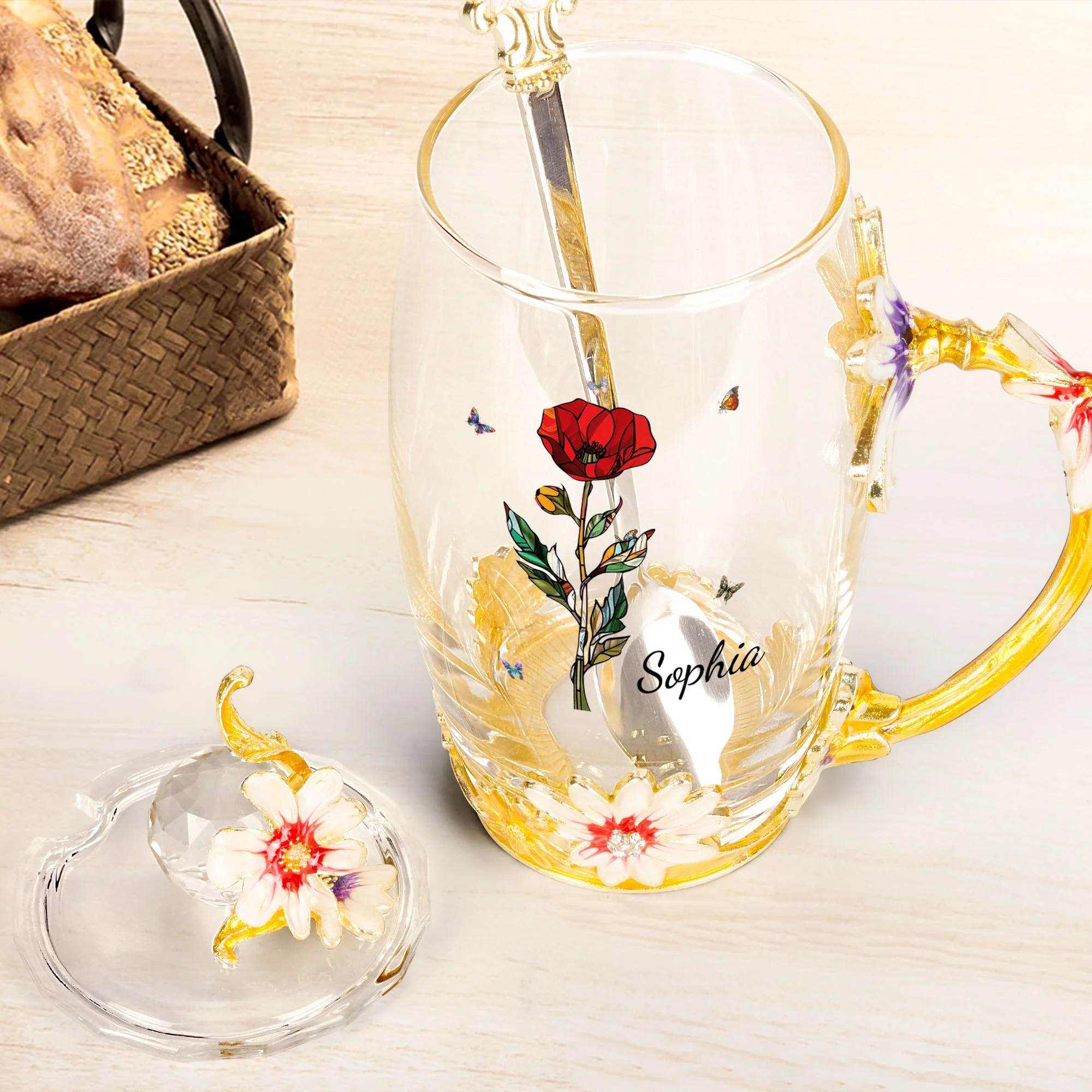 Birth Month Flower Stained Glass Version - Personalized Enamel Flower Tea Cup - Image 3