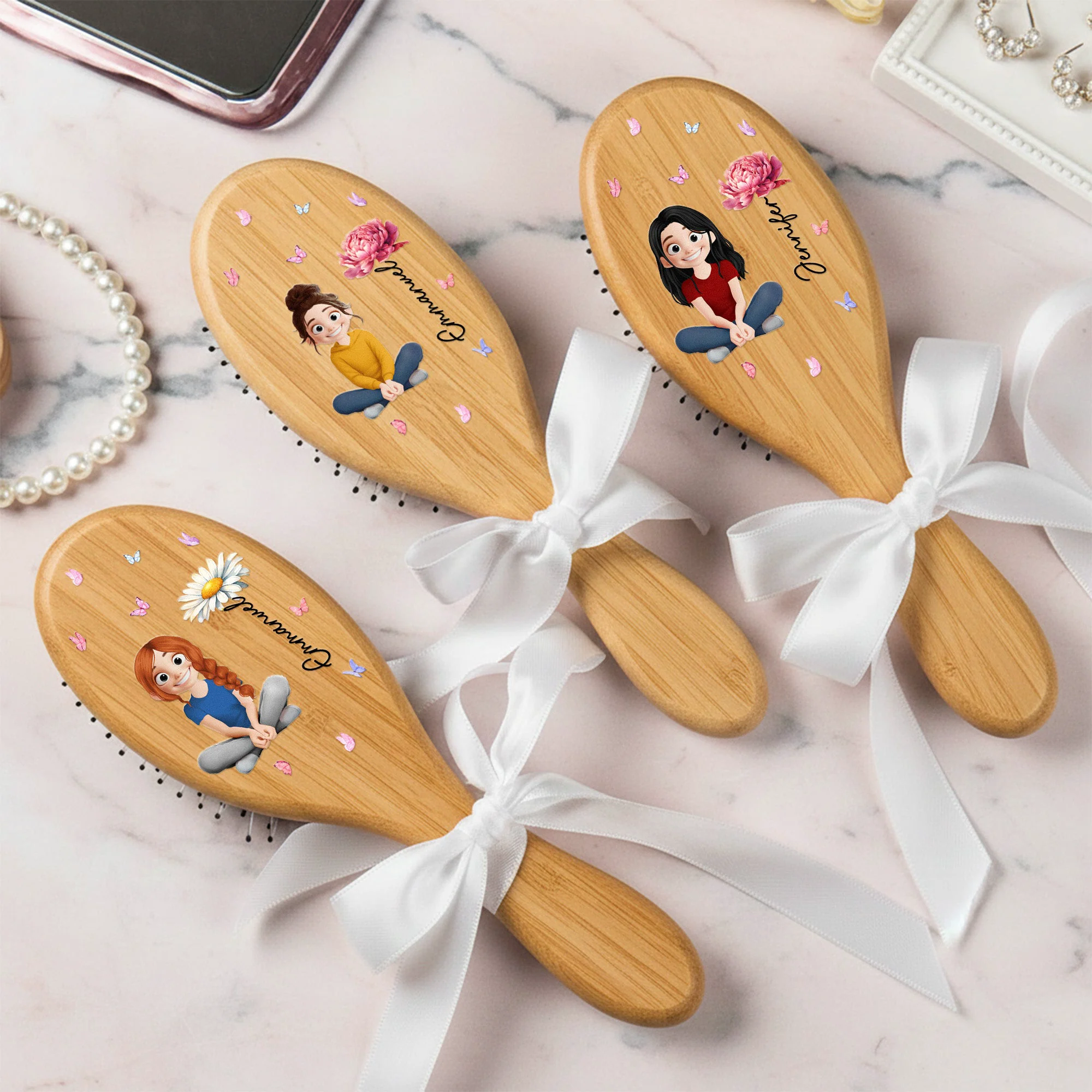 Birth Month Flower With Cute Cartoon - Personalized Hair Brush - Image 4