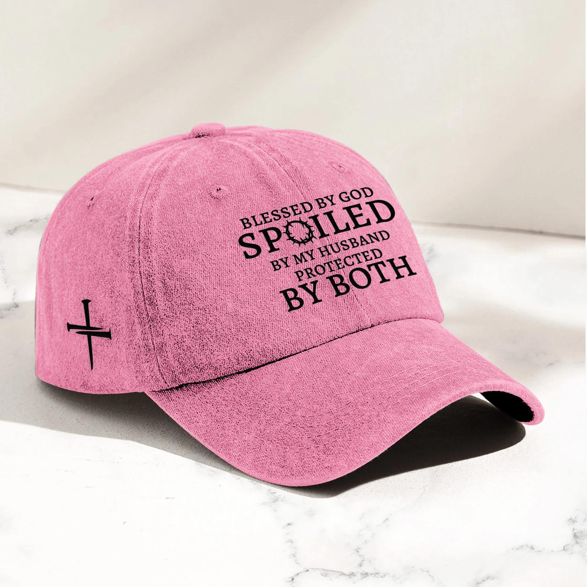 Blessed By God Spoiled By My Husband Protected By Both - Personalized Distressed Denim Cap - Image 2