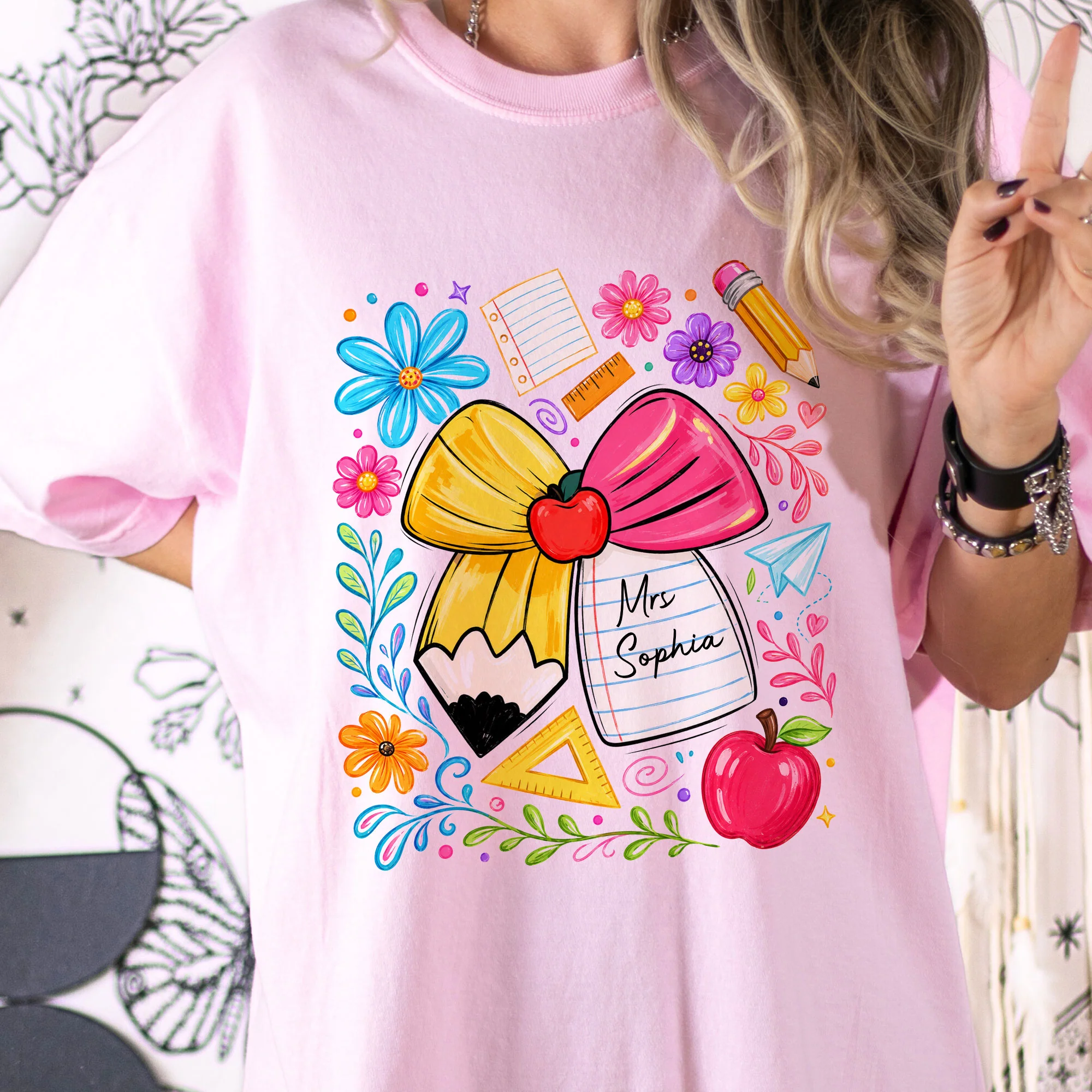 Boho Floral Bow Pencil - Personalized Shirt - Image 3