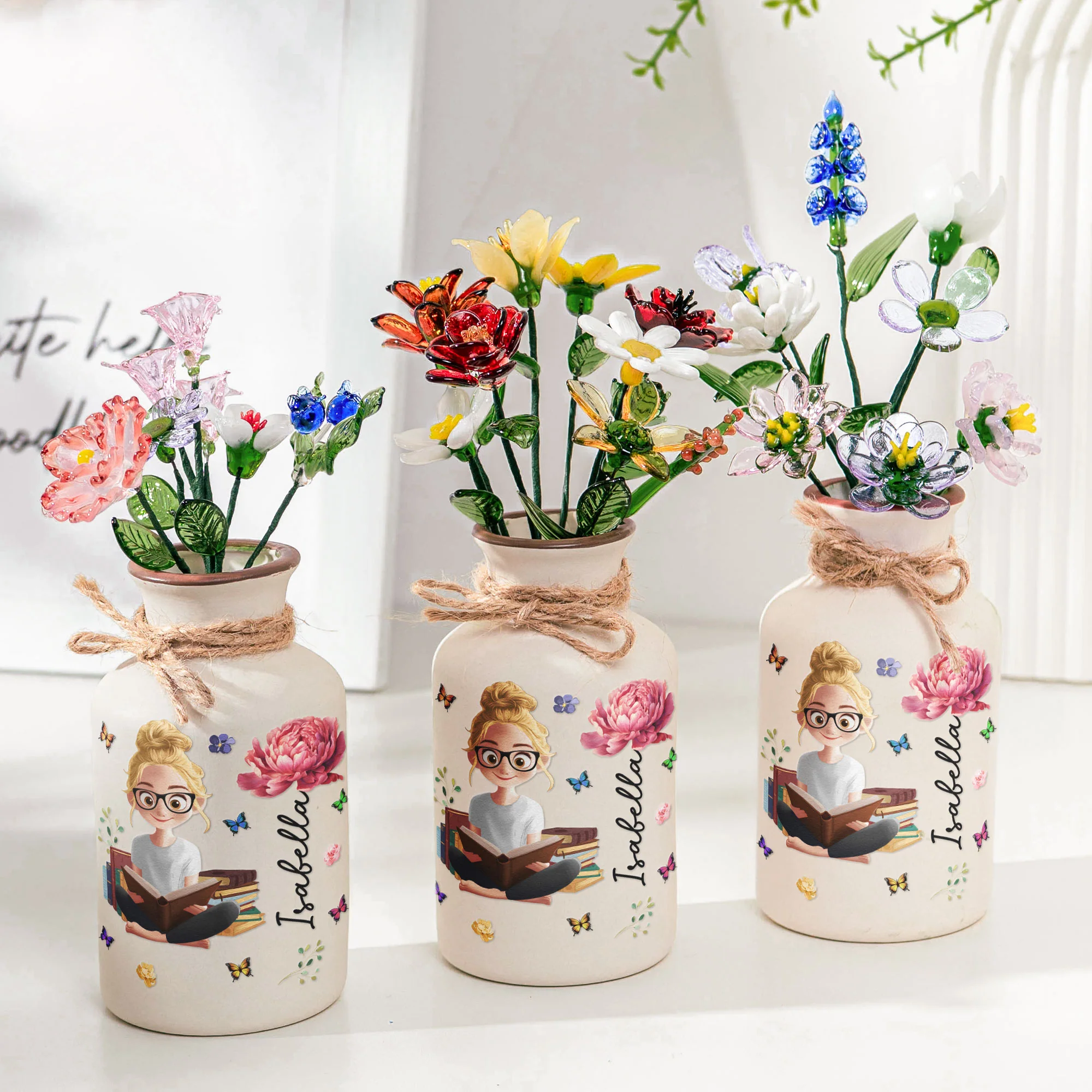 Book Lover, Birth Flower – Personalized Ceramic Vase (Vase Only, Flowers Excluded) - Image 2