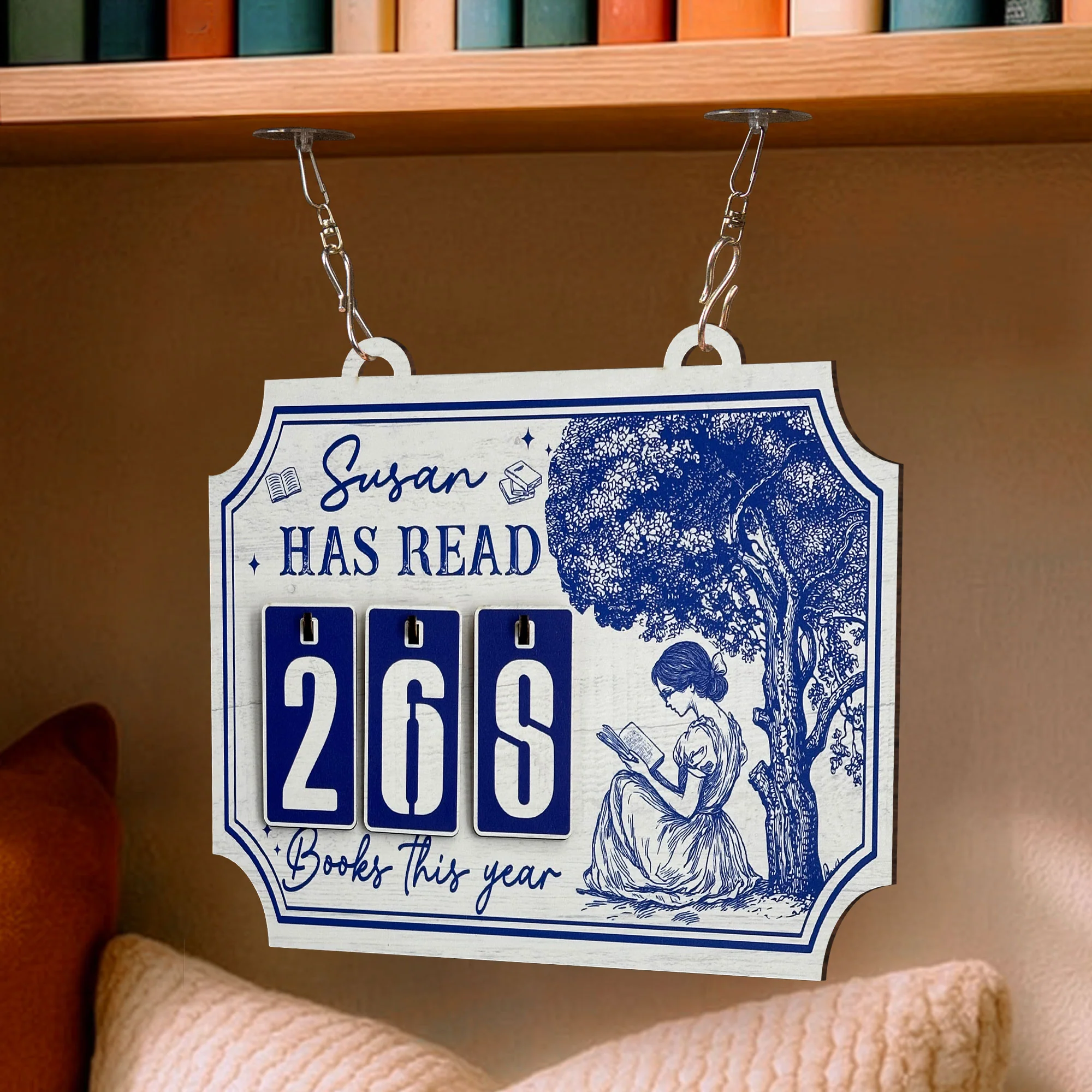 Books Read This Year, Toile De Jouy - Personalized Hanging Bookshelf Counter - Image 3