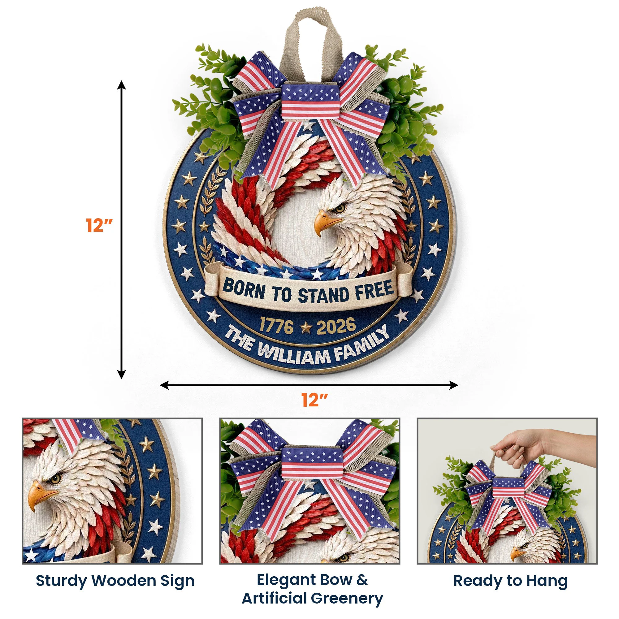 Born To Stand Free America Semiquincentennial Eagle Decor - Personalized Wood Sign - Image 5