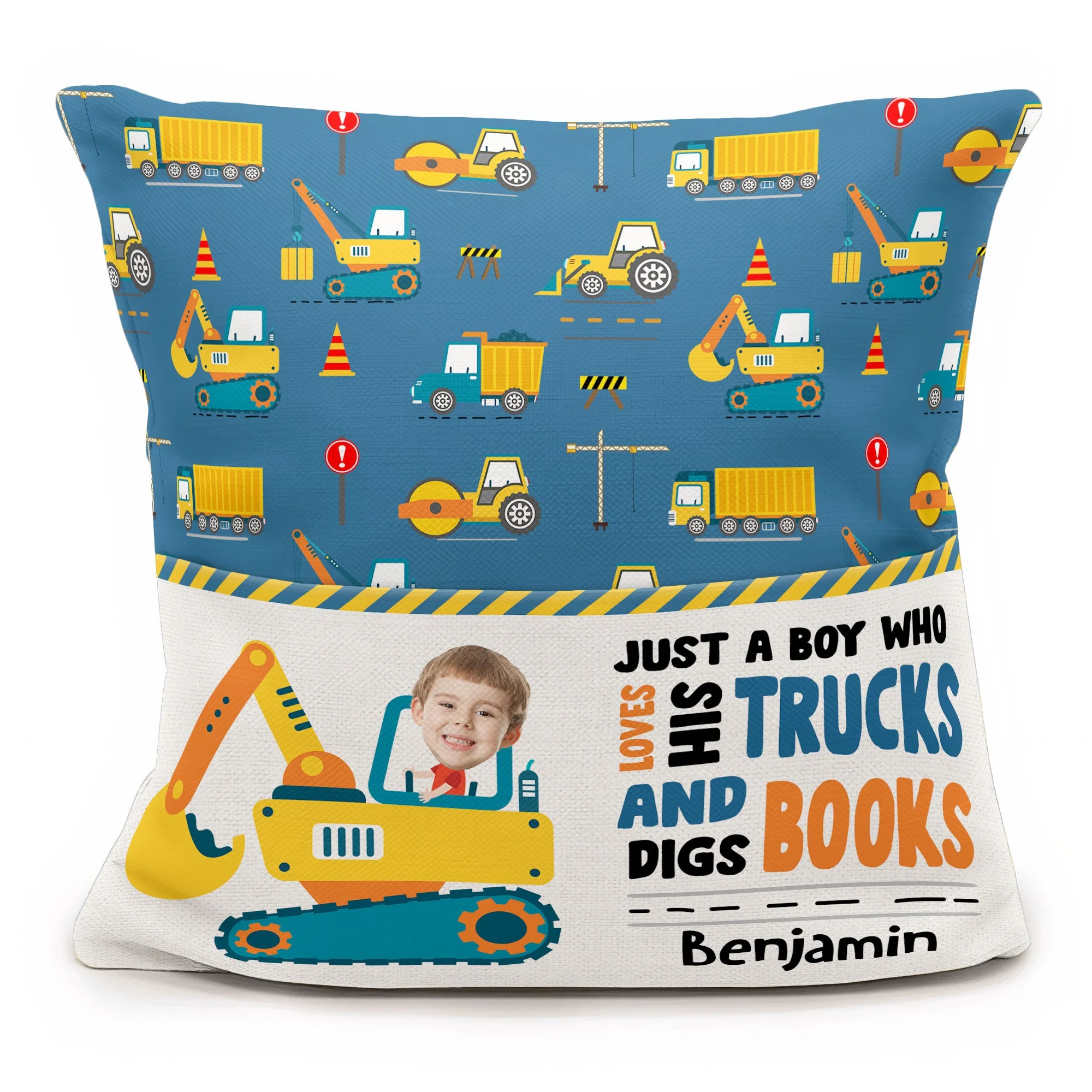 Boy Loves Trucks And Digs Books - Personalized Photo Pocket Pillow (Insert Included) - Image 5