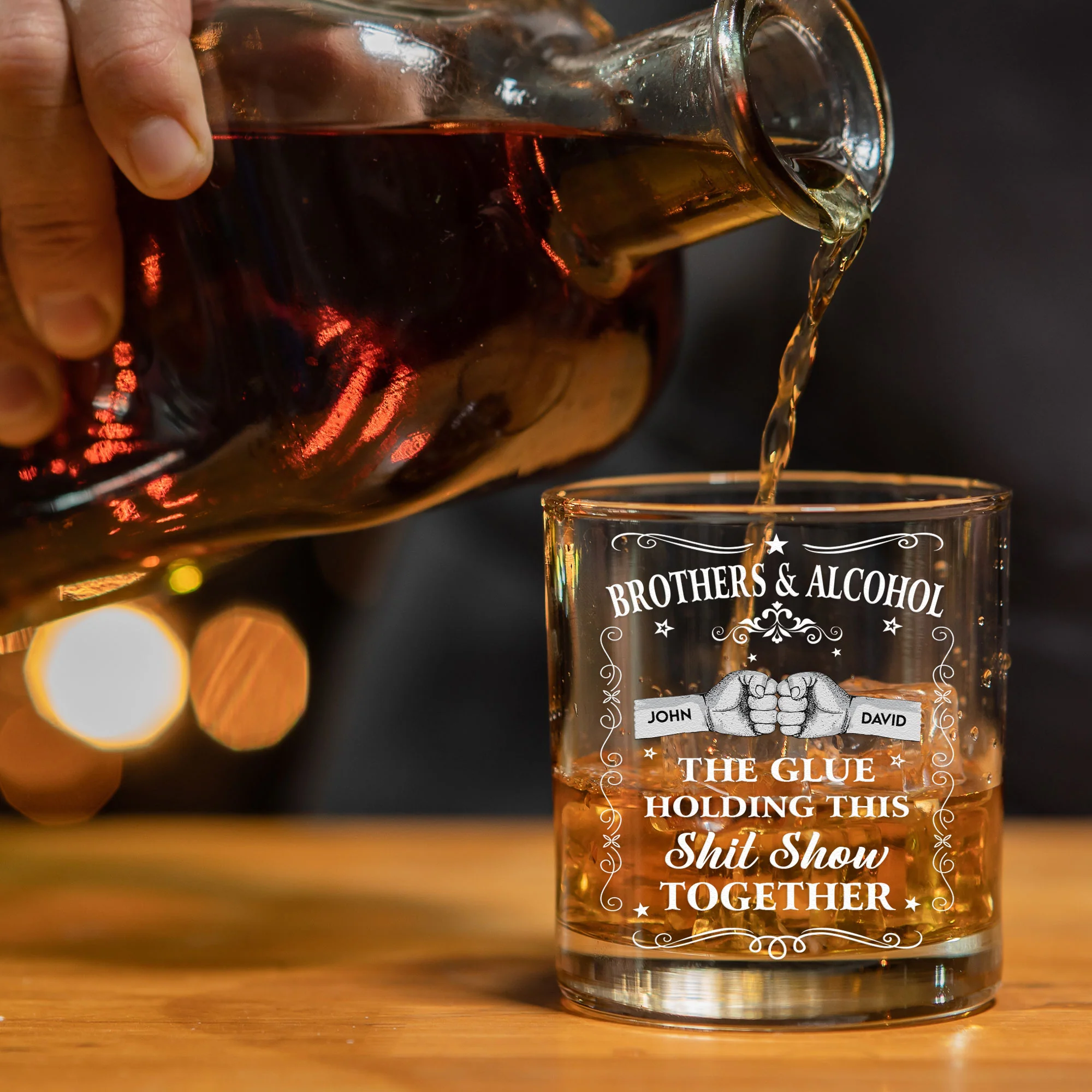 Brothers & Alcohol The Glue Holding Together - Personalized Whiskey Glass - Image 3