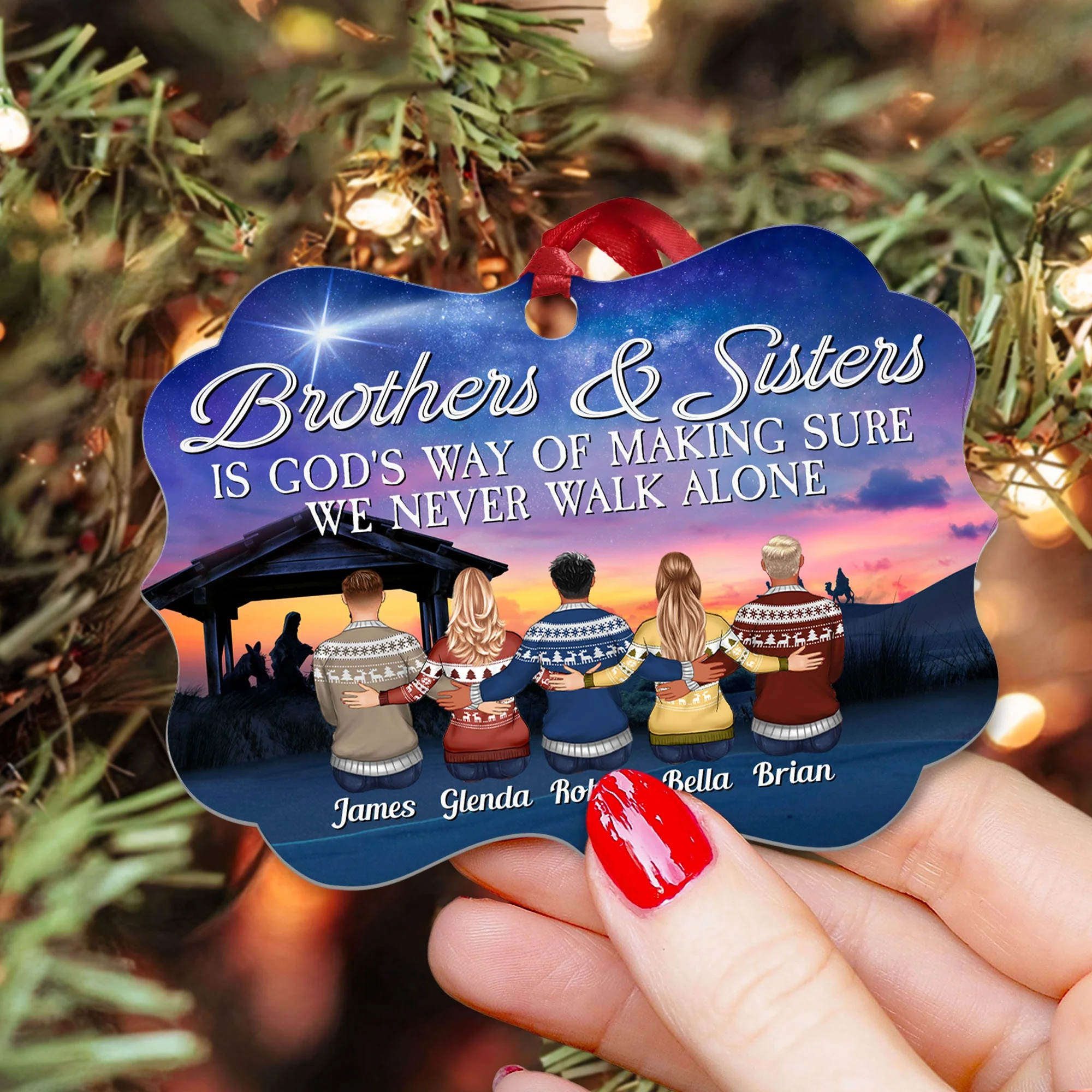 Brothers & Sisters Are God Way Of Making Sure We Never Walk Alone - Personalized Aluminum Ornament - Family Hugging - Image 2