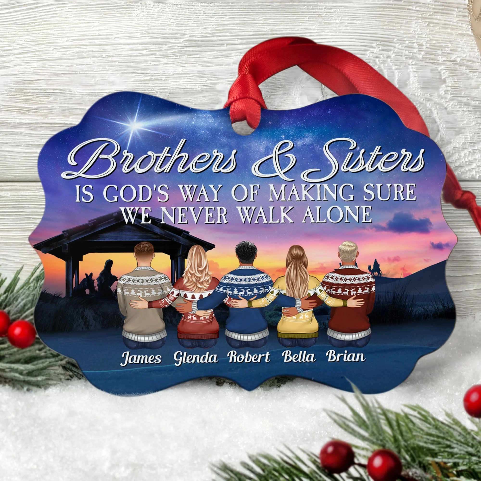 Brothers & Sisters Are God Way Of Making Sure We Never Walk Alone - Personalized Aluminum Ornament - Family Hugging - Image 3