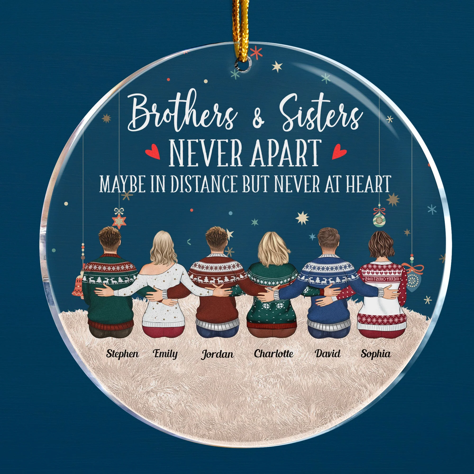 Brothers & Sisters Are Never Apart - Sitting Family - Personalized Circle Acrylic Ornament - Christmas, New Year Gift For Family, Sisters, Brothers, Siblings - Image 2