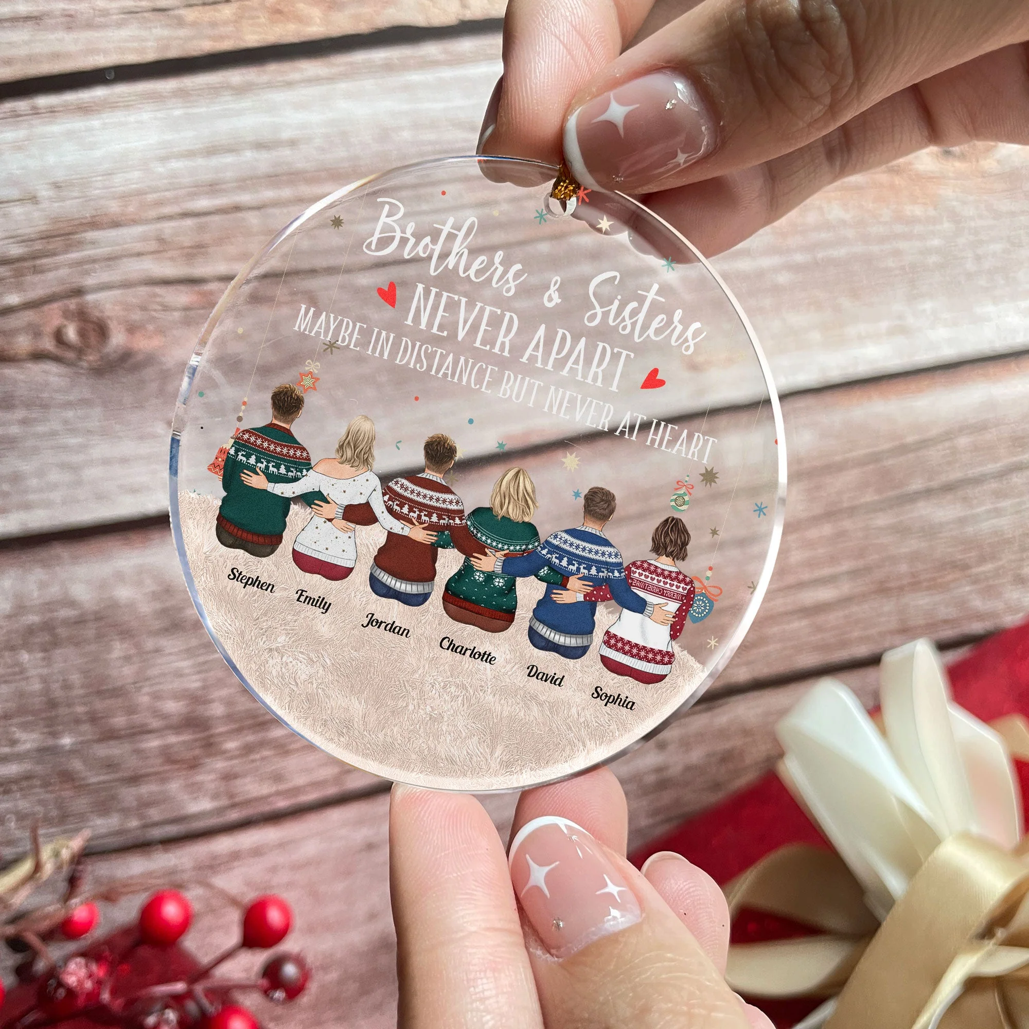 Brothers & Sisters Are Never Apart - Sitting Family - Personalized Circle Acrylic Ornament - Christmas, New Year Gift For Family, Sisters, Brothers, Siblings - Image 3