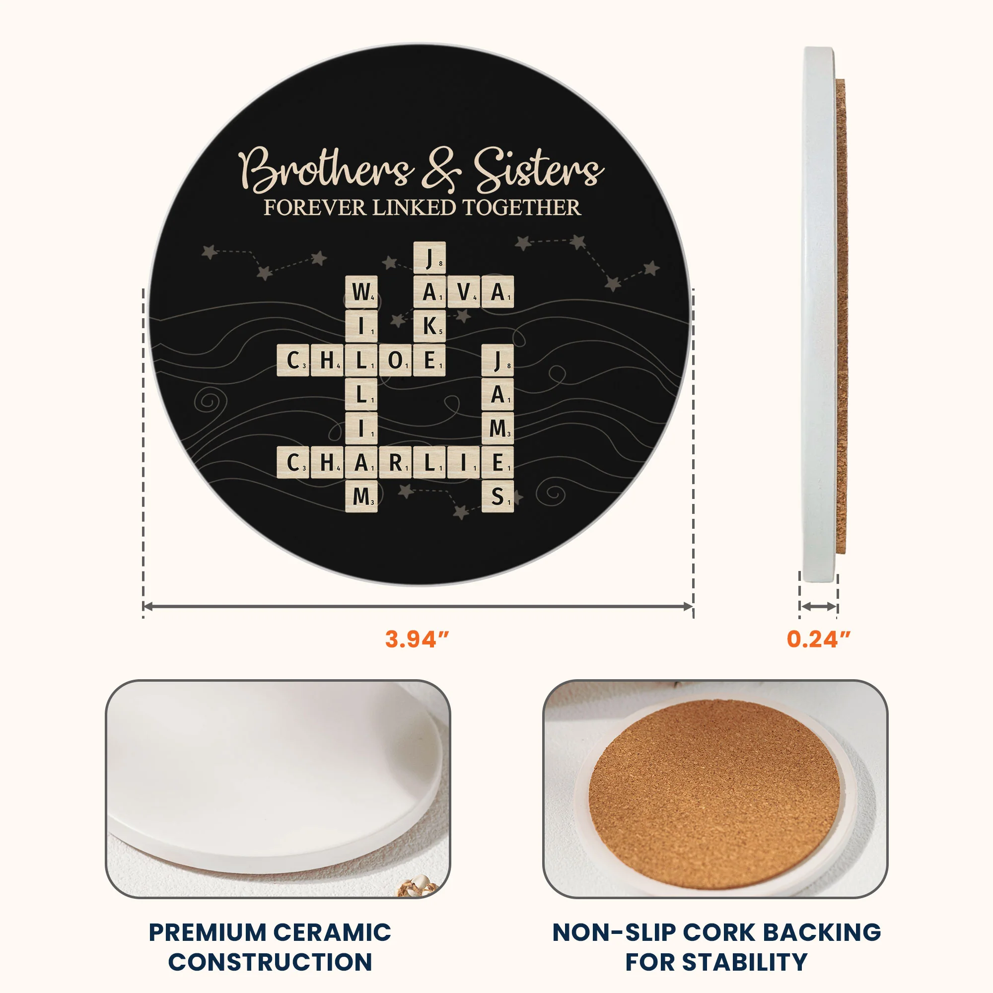Brothers & Sisters Forever Linked Together Scrabble - Personalized Ceramic Coaster - Image 5