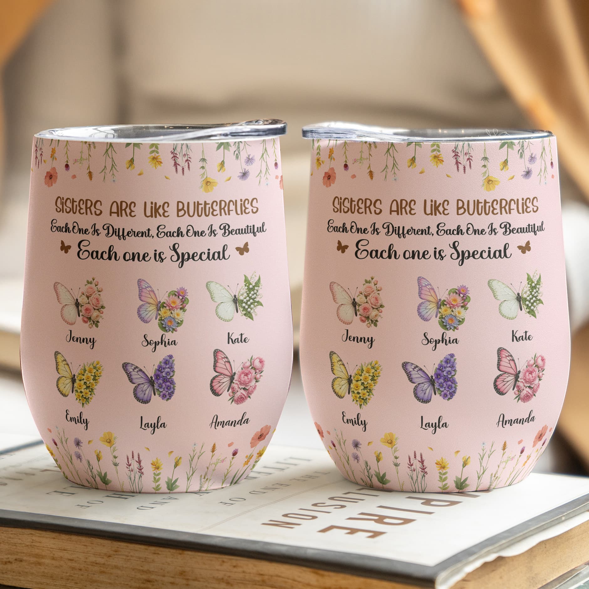 Butterfly Birth Flower Sisters Are Like Butterflies - Personalized Wine Tumbler - Image 2