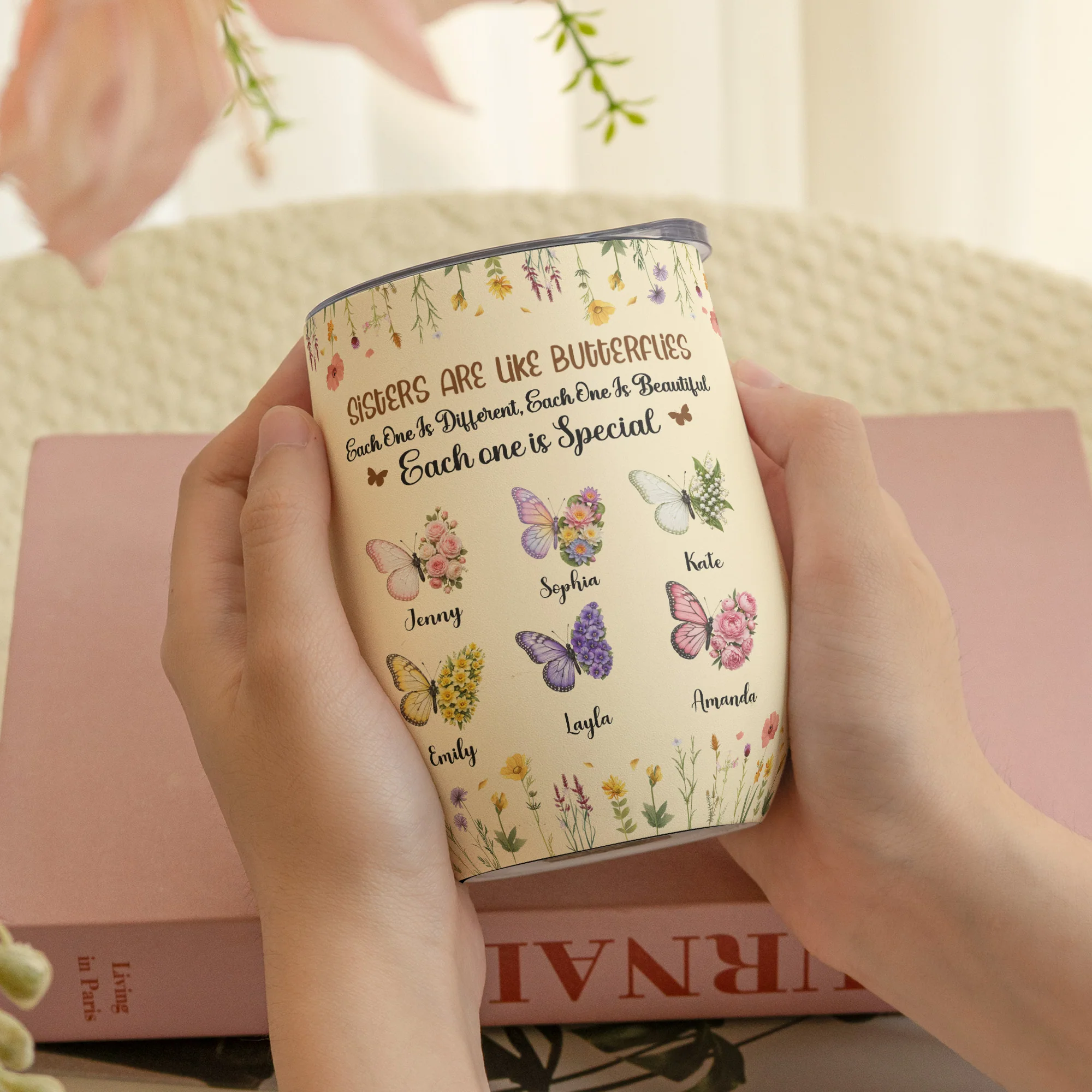Butterfly Birth Flower Sisters Are Like Butterflies - Personalized Wine Tumbler - Image 3