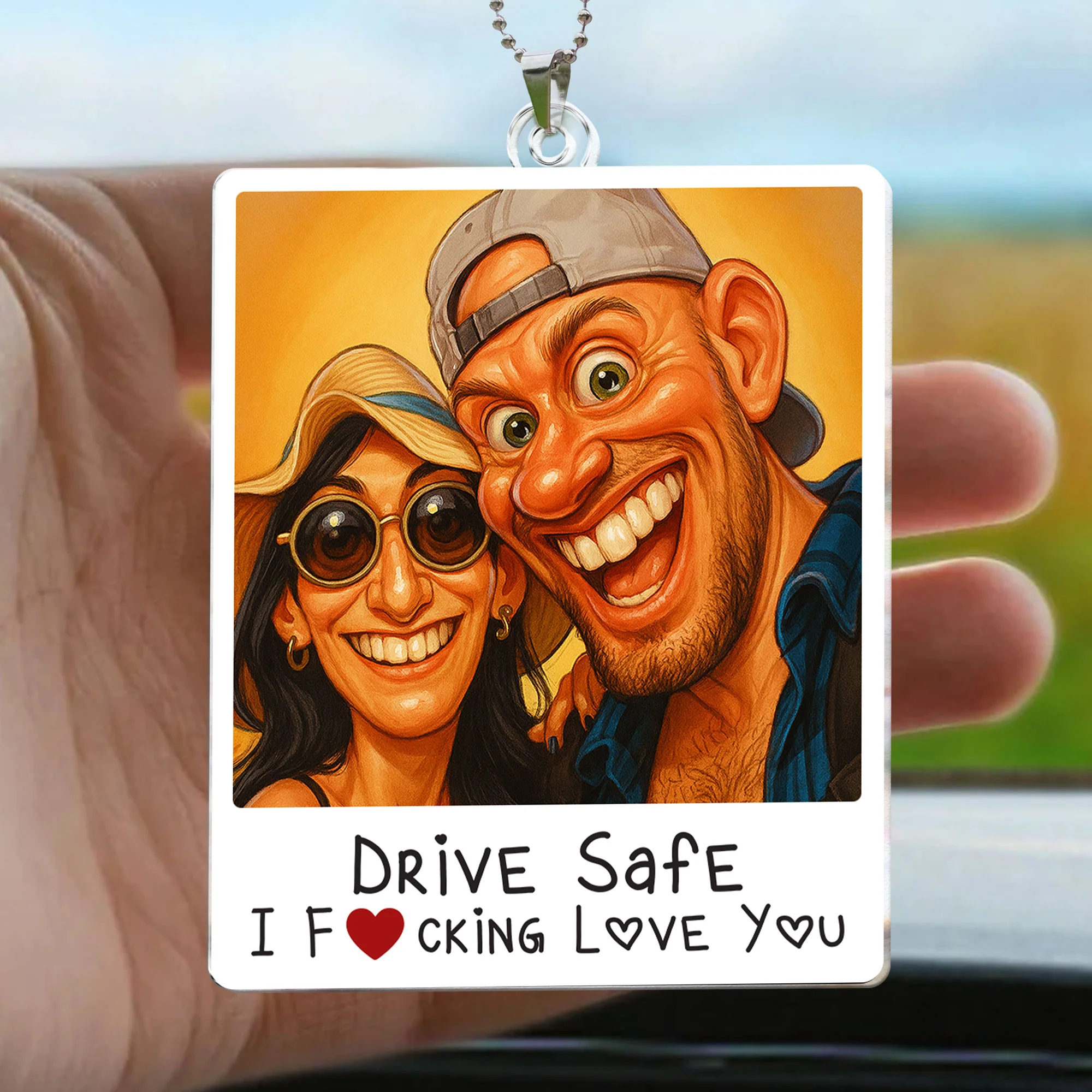 Caricature Couple Photo, Funny Anniversary Gift - Personalized Photo Rear View Mirror Accessory - Image 4