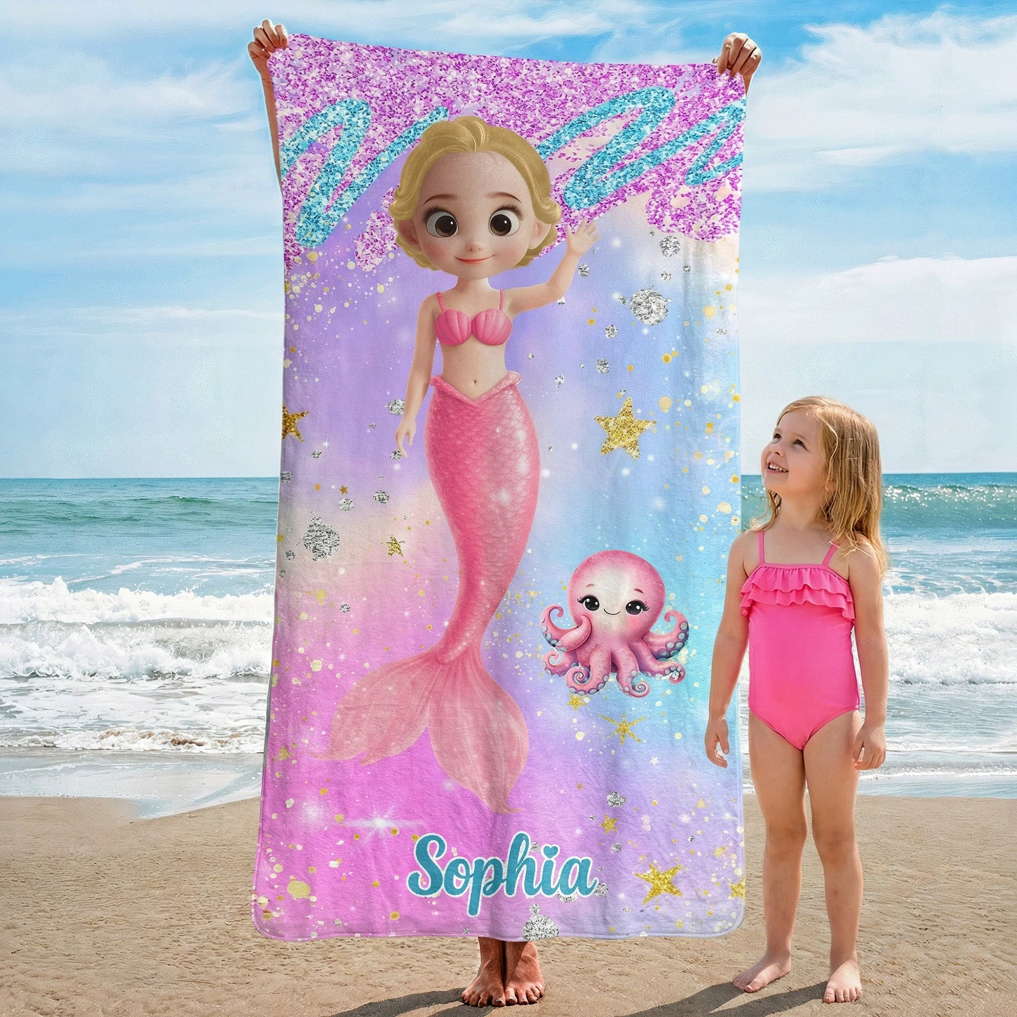 Cartoon Mermaid Princess - Personalized Quick-Dry Beach Towel - Image 2