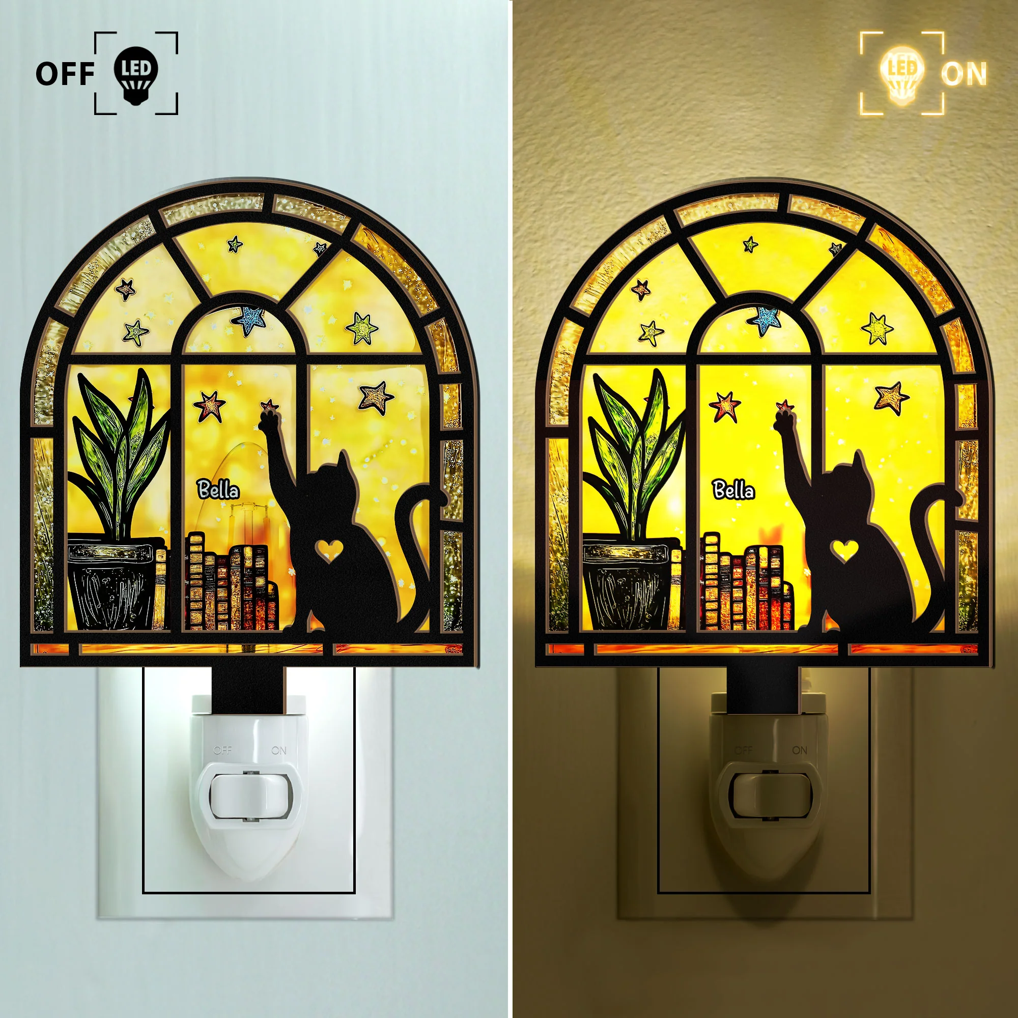 Cat And Books - Personalized Wood And Acrylic Night Light