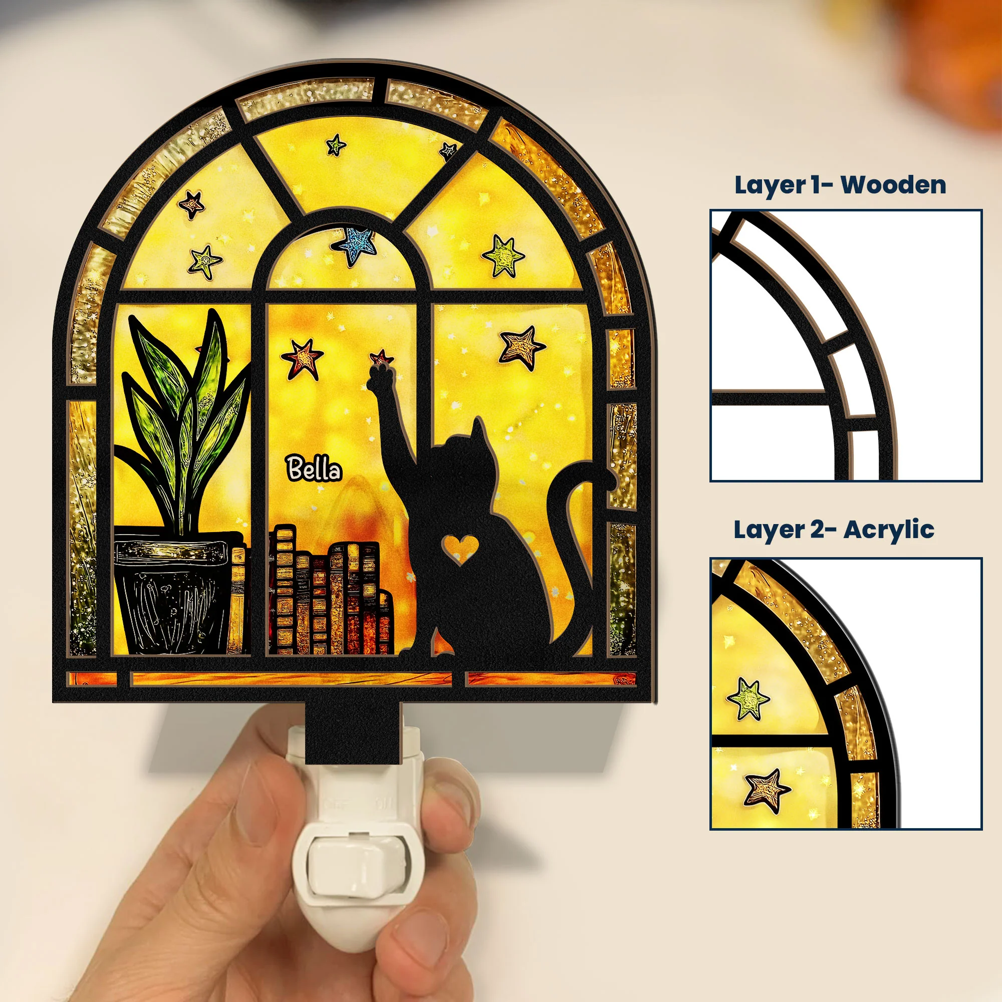Cat And Books - Personalized Wood And Acrylic Night Light - Image 2