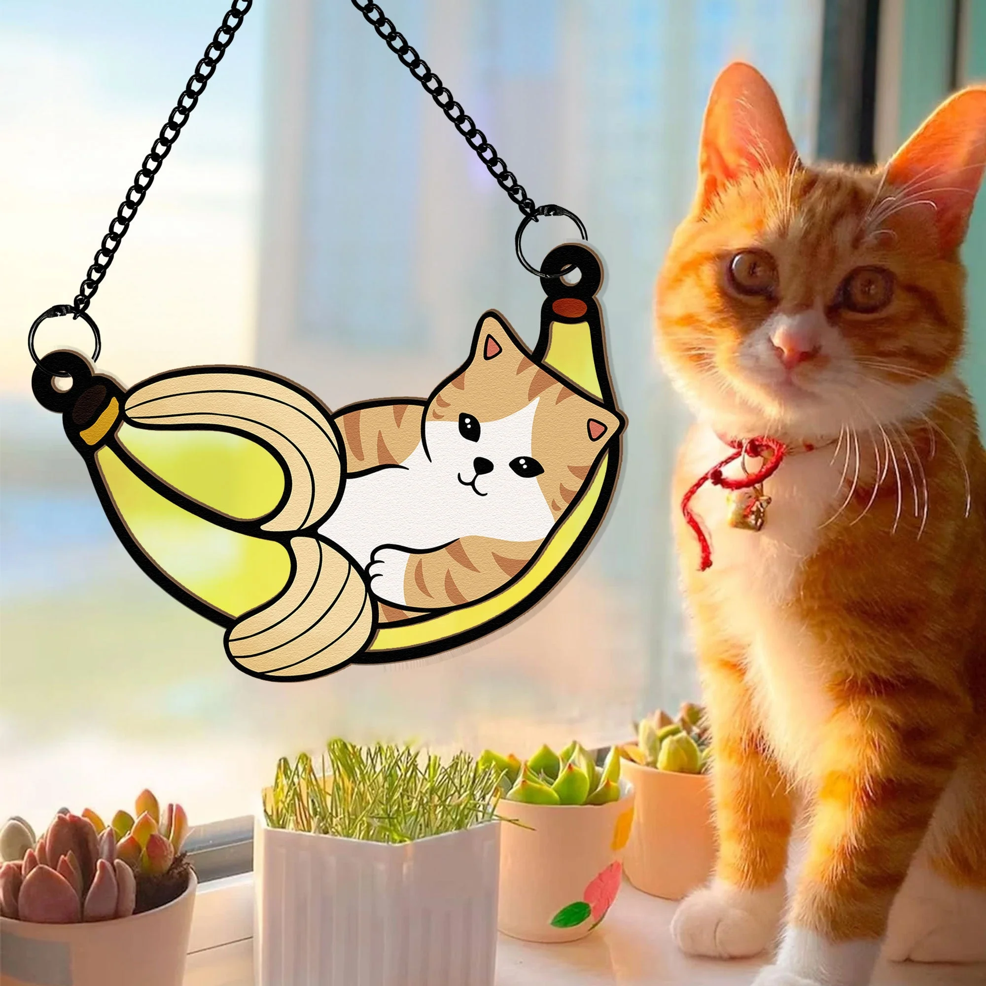 Cat In Banana - Personalized Window Hanging Suncatcher Ornament - Image 3