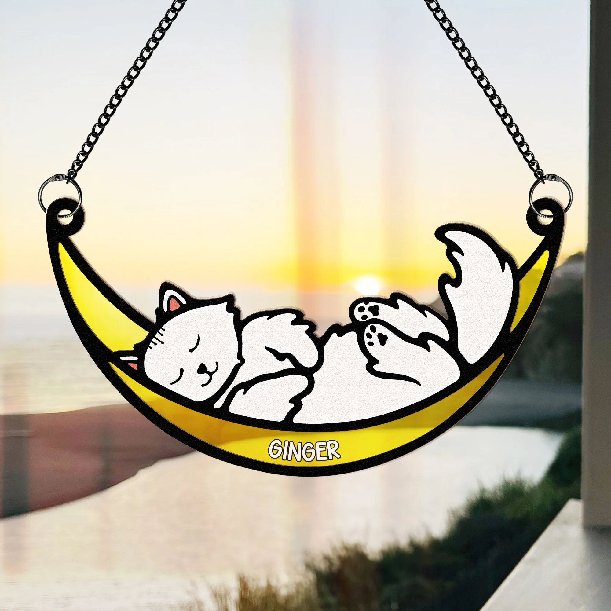 Cat In Moon - Personalized Window Hanging Suncatcher Ornament - Image 3