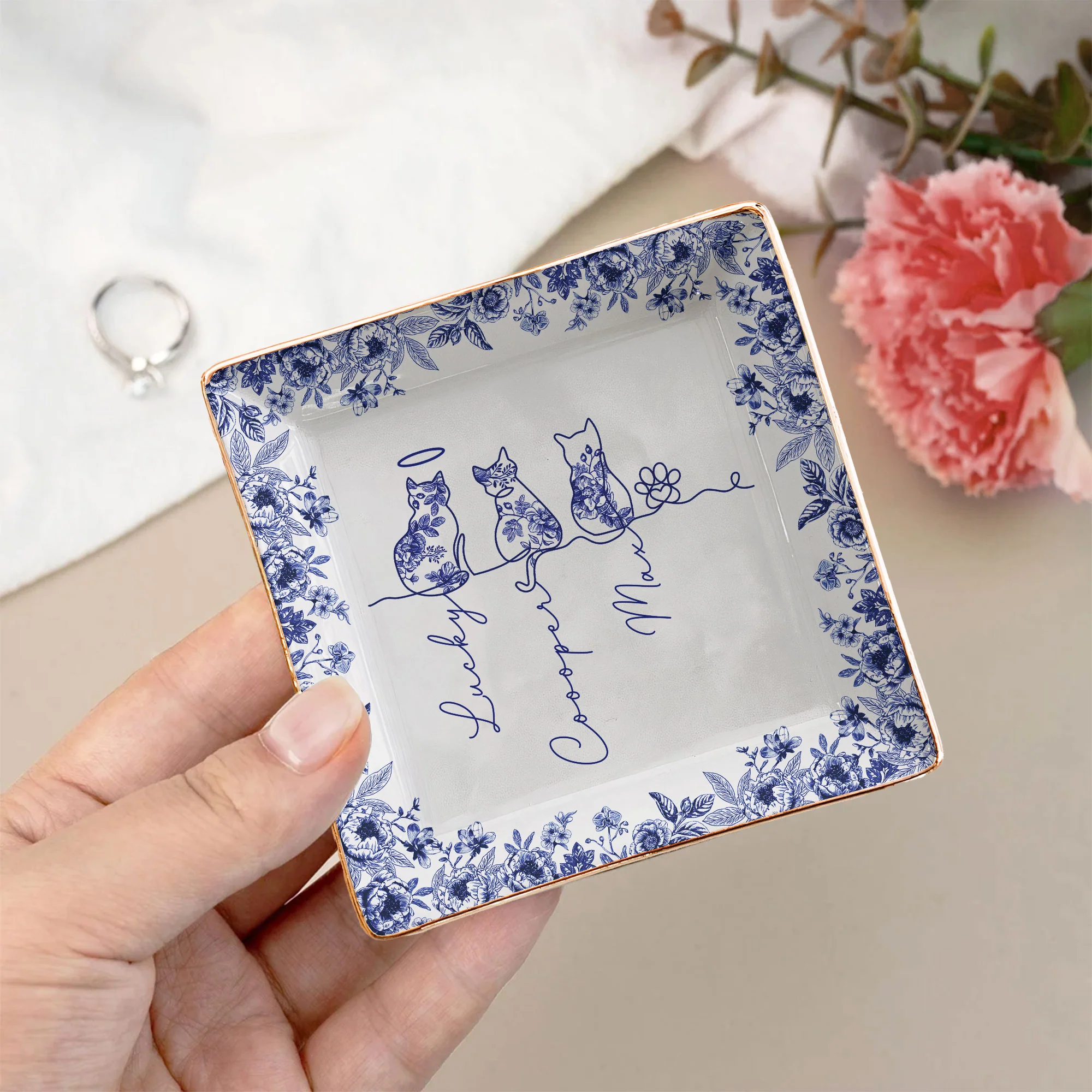 Cat Line Art Toile De Jouy Style Gift For Cat Lovers - Personalized Jewelry Dish - Image 3