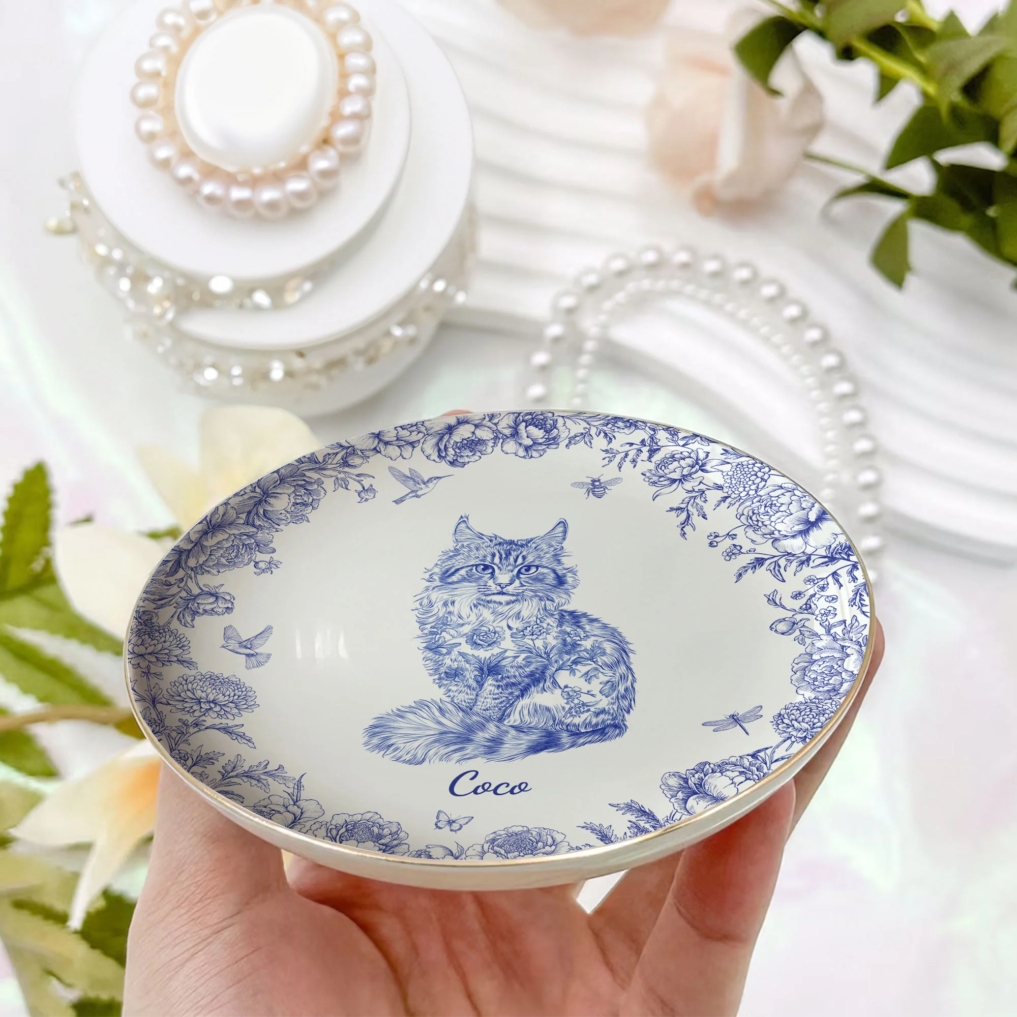 Cat Lover Toile De Jouy Style - Personalized Jewelry Dish - Image 2