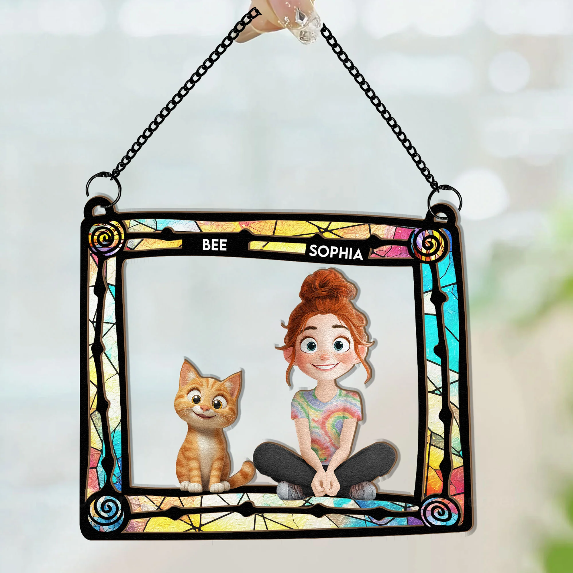 Cat Mom And Her Cats - Personalized Window Hanging Suncatcher Ornament - Image 2