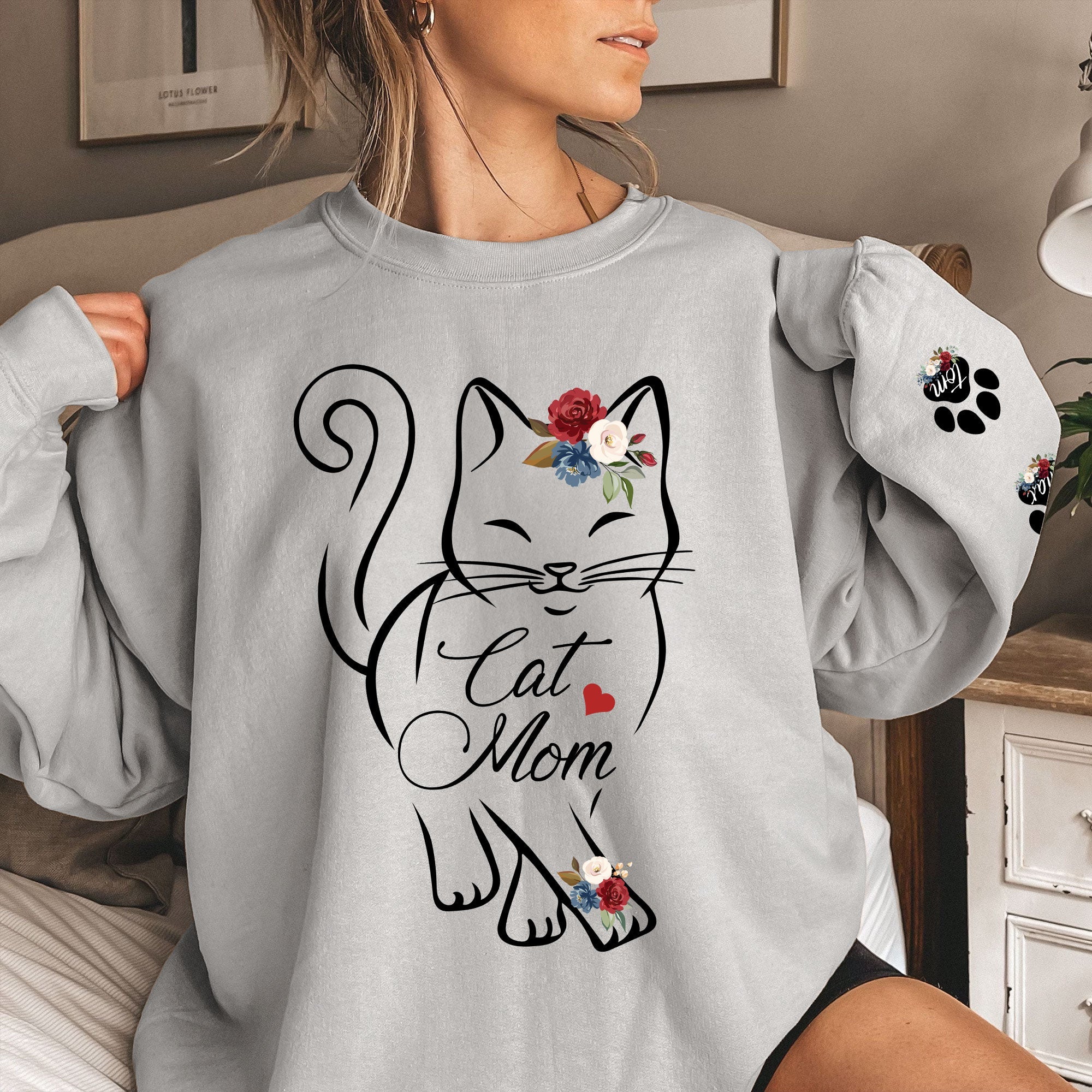 Cat Mom Custom Pawprints On Sleeve - Personalized Sweatshirt - Image 3