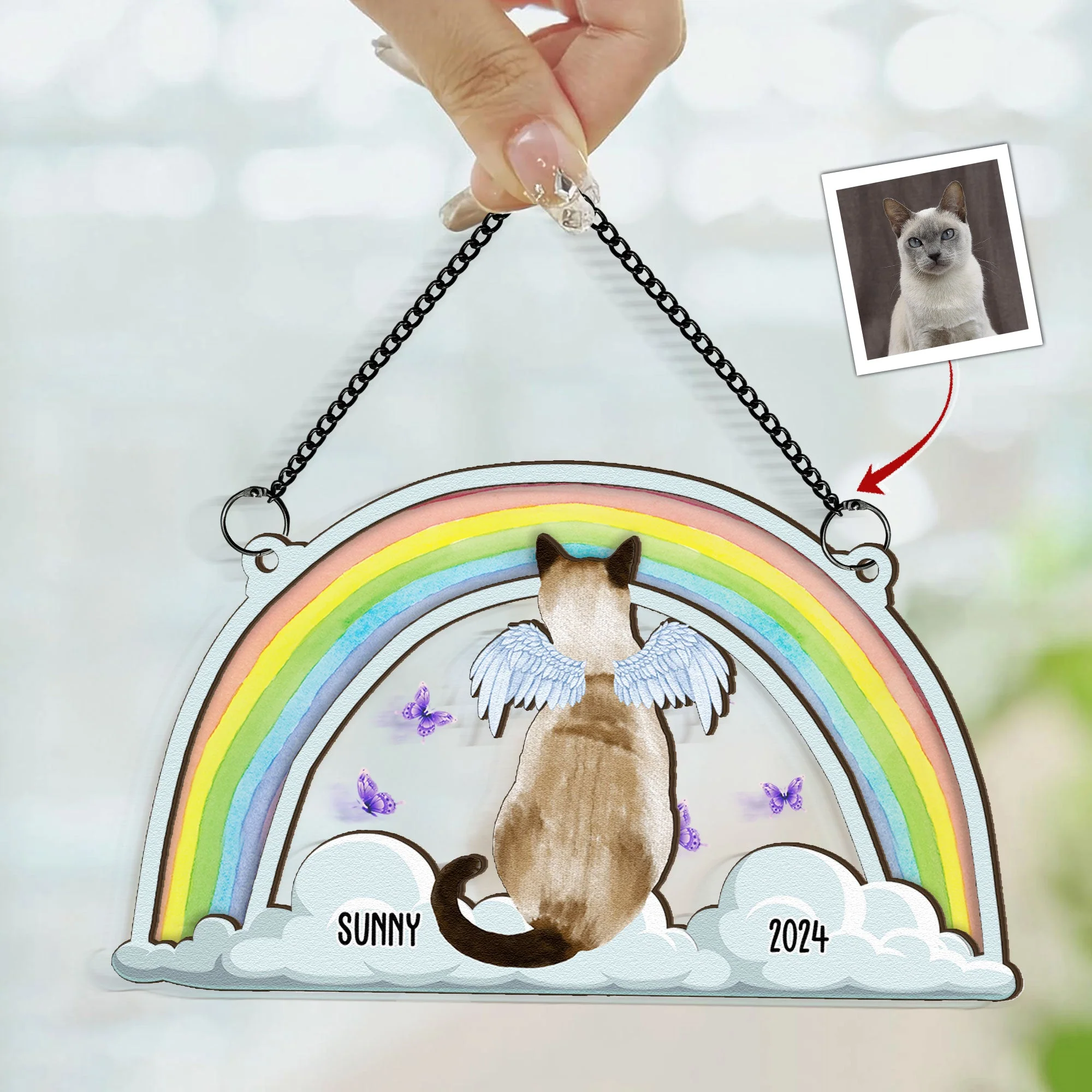 Cat Sits At The Rainbow Bridge - Personalized Window Hanging Suncatcher Ornament - Image 2