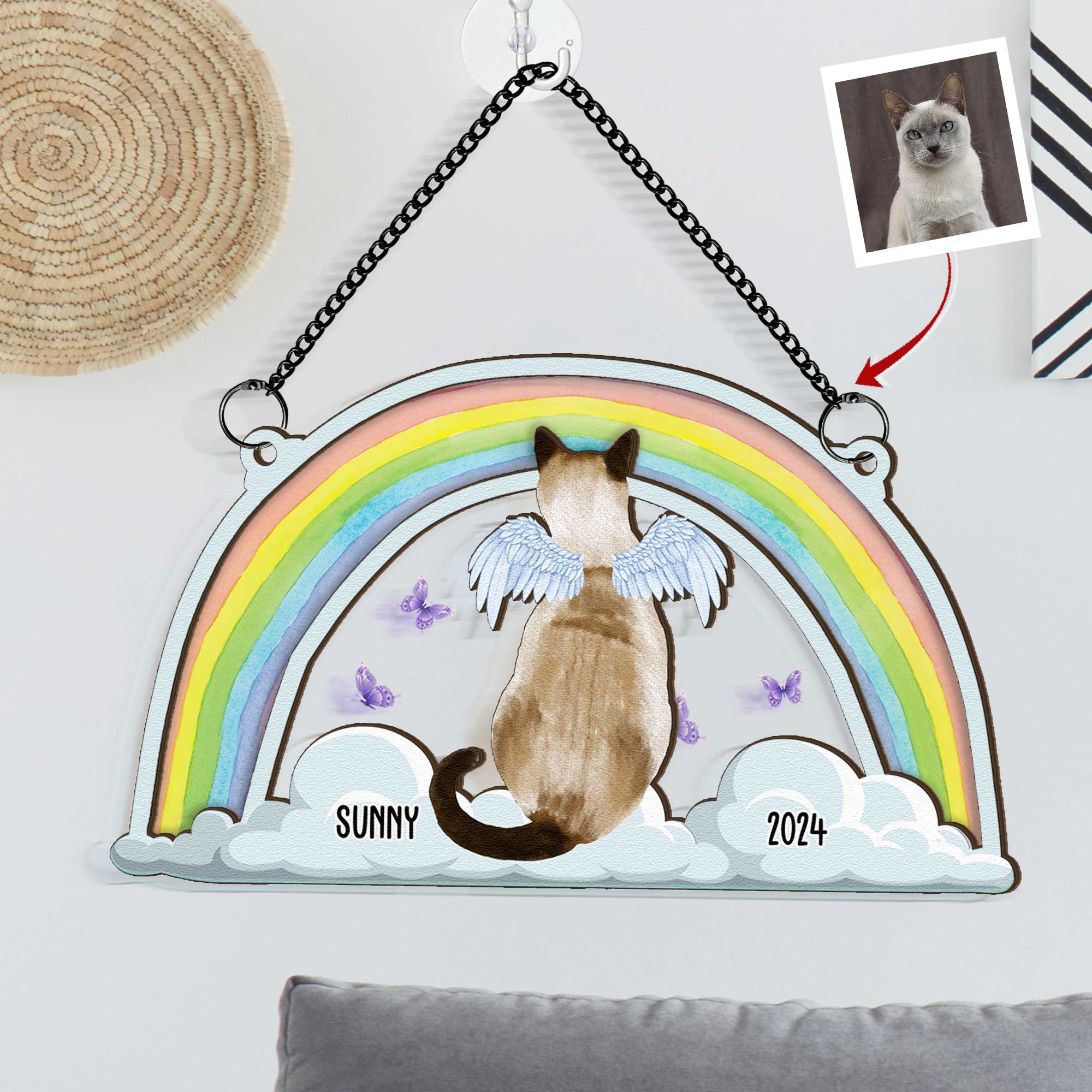 Cat Sits At The Rainbow Bridge - Personalized Window Hanging Suncatcher Ornament - Image 3
