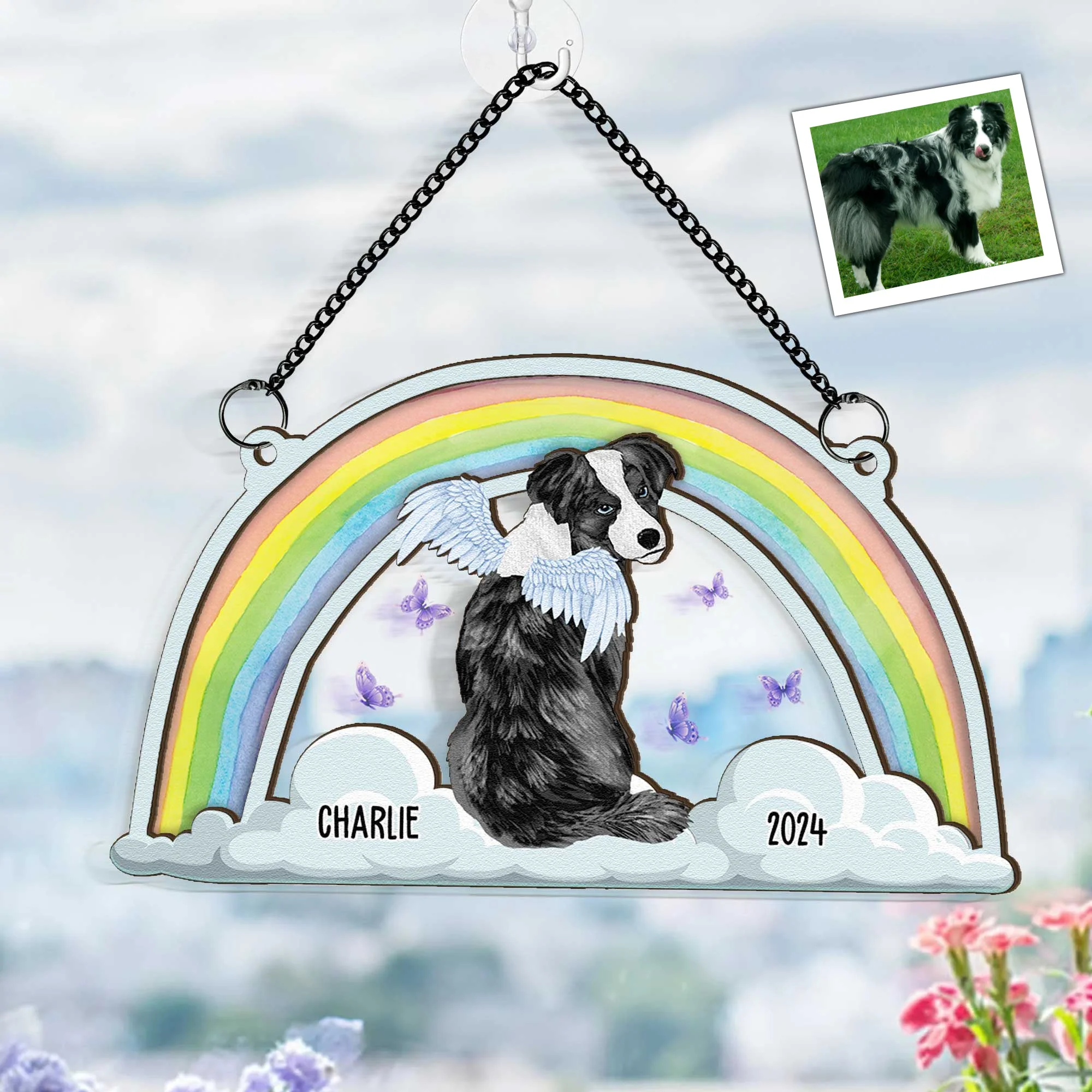 Cat Sits At The Rainbow Bridge - Personalized Window Hanging Suncatcher Ornament - Image 4