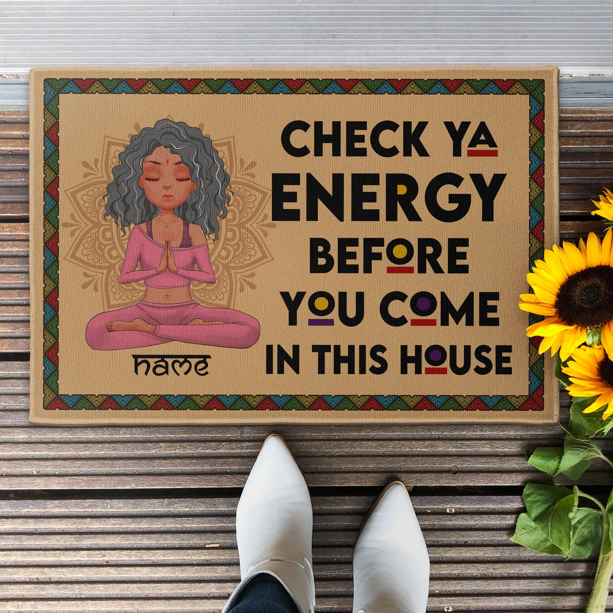 Check Ya Energy - Personalized Doormat - Birthday Gift For Yoga Lover - Yoga Girl Illustration - Image 2