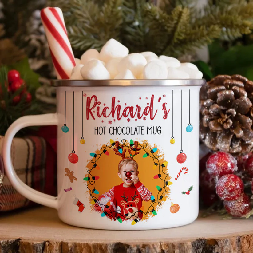 Chocolate Christmas Movie Watching Mug For Kid, Family - Personalized Photo Enamel Mug - Image 2