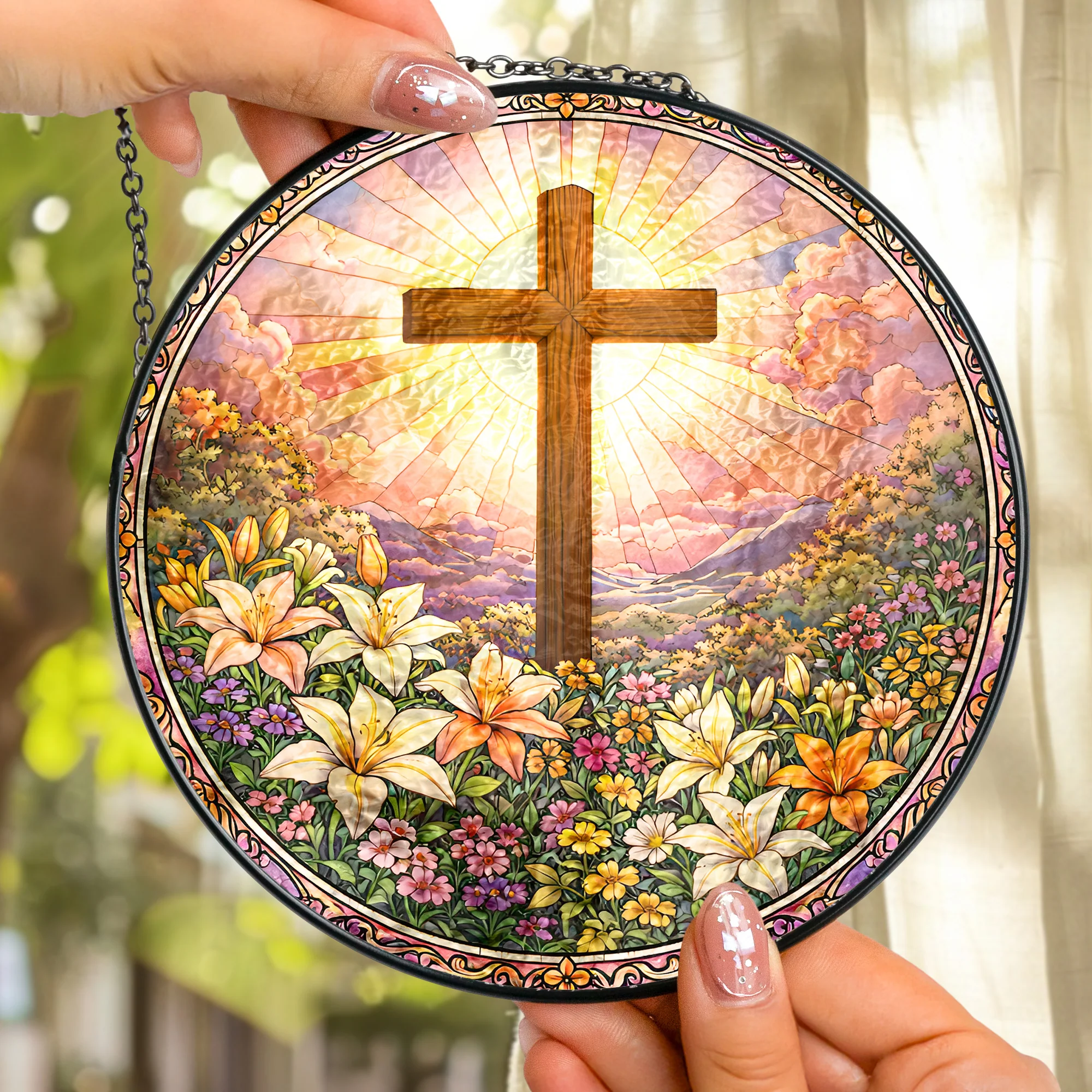 Christ Cross And Wildflowers - Personalized Stained Glass Window Hanging Suncatcher - Image 2