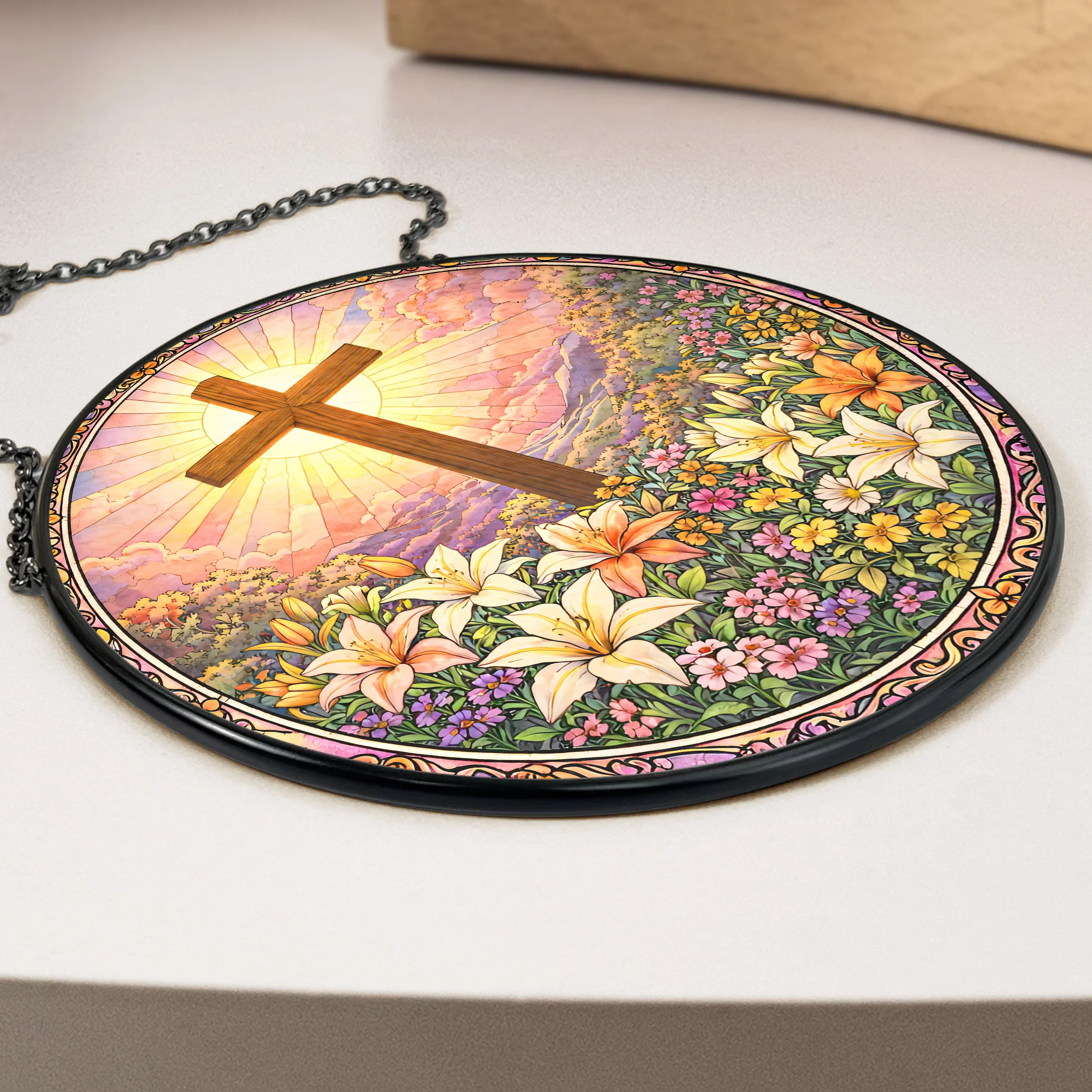 Christ Cross And Wildflowers - Personalized Stained Glass Window Hanging Suncatcher - Image 3
