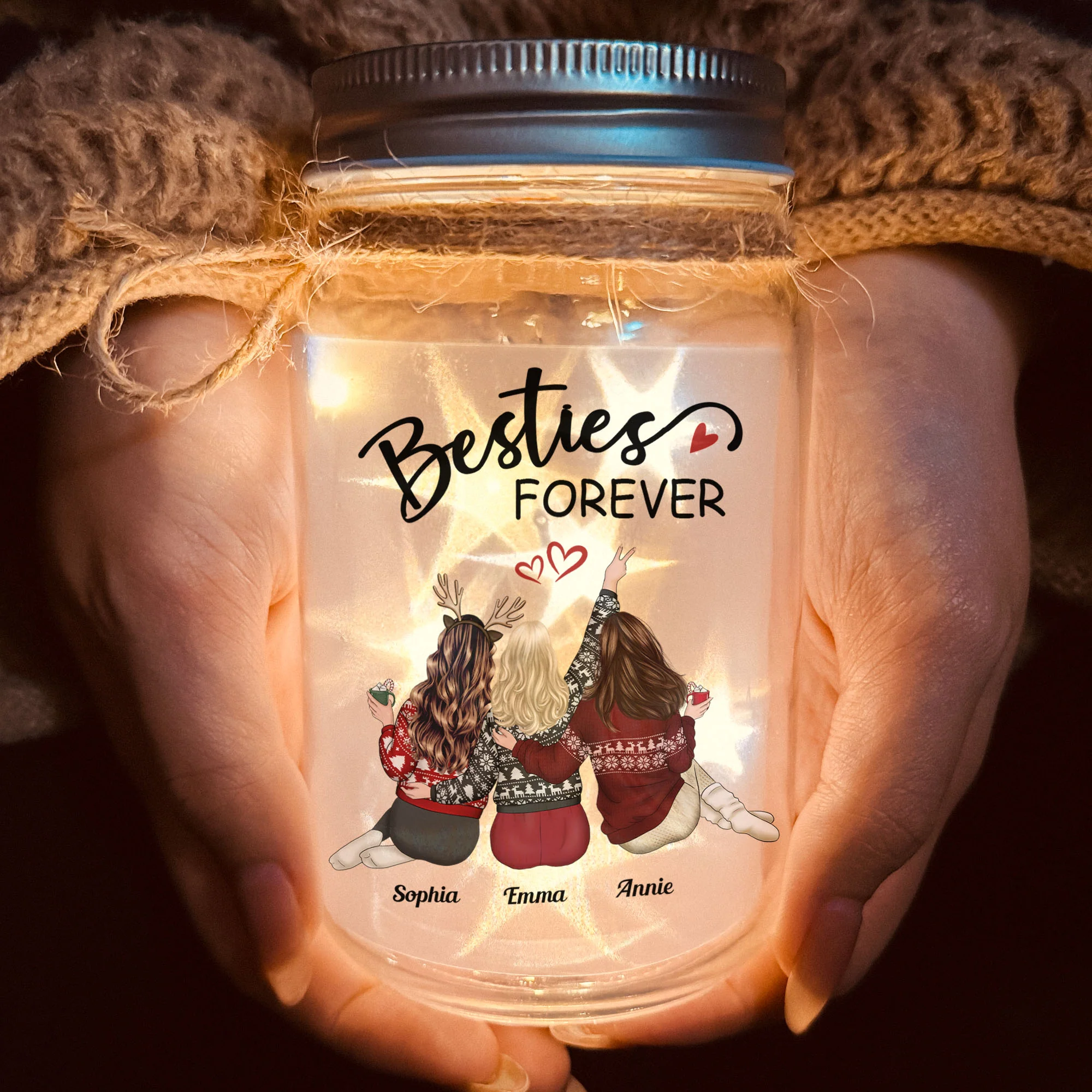 Christmas Besties Because Of You I Laugh Little Harder - Personalized Mason Jar Light - Image 2