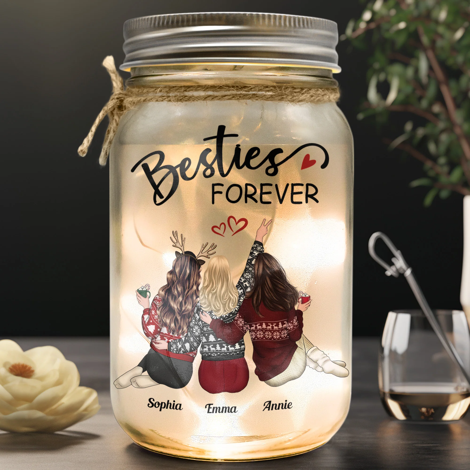 Christmas Besties Because Of You I Laugh Little Harder - Personalized Mason Jar Light - Image 3