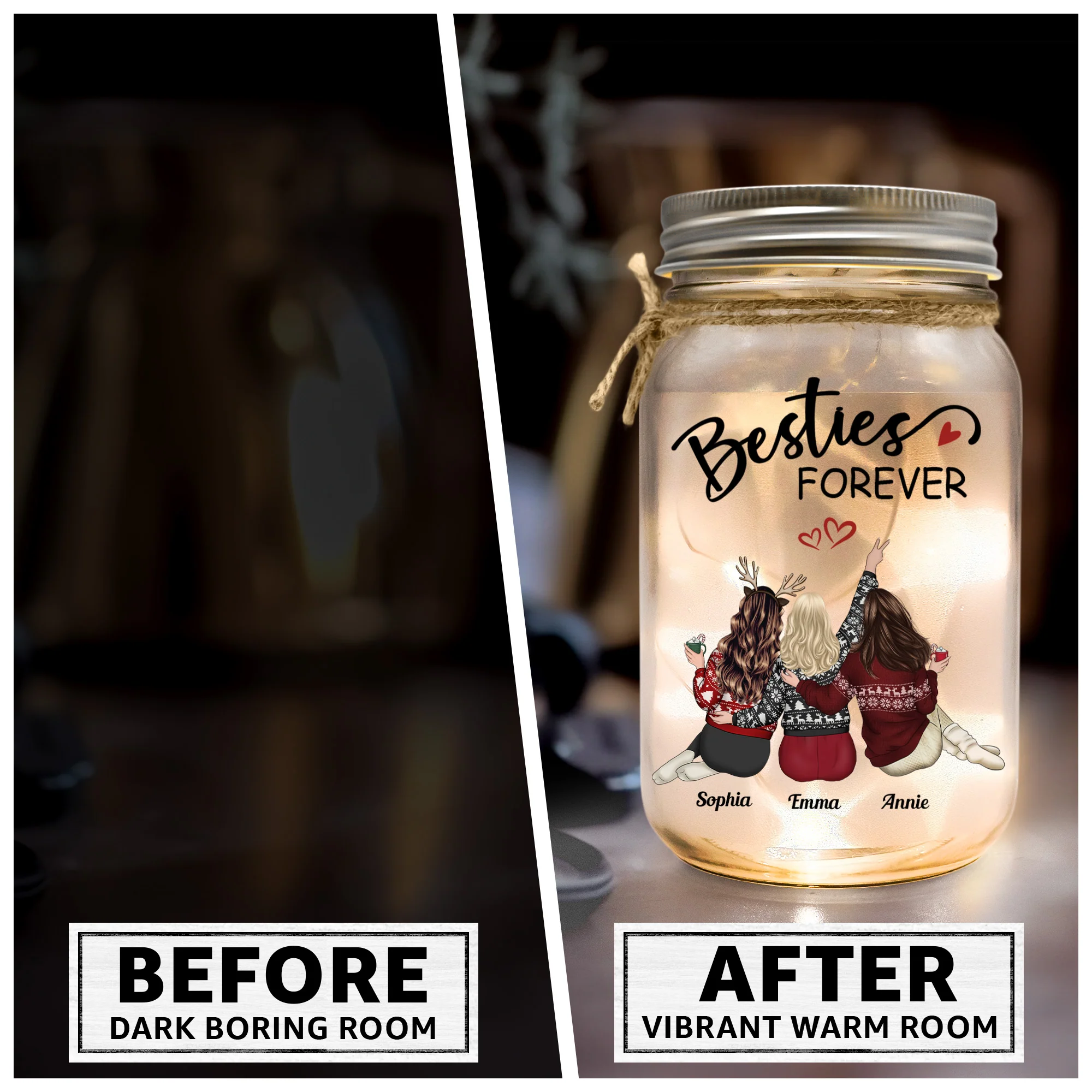 Christmas Besties Because Of You I Laugh Little Harder - Personalized Mason Jar Light - Image 4