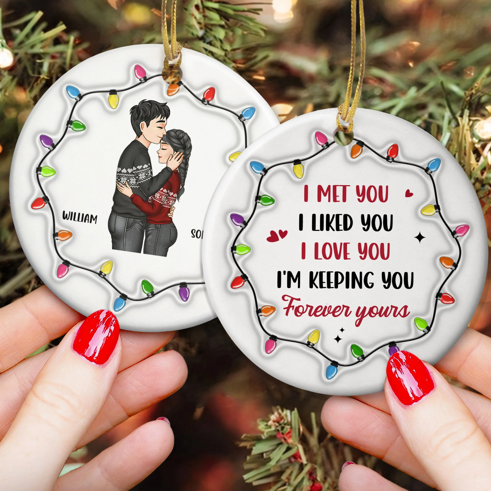 Christmas Couple I Met You I Liked You I Love You - Personalized Ceramic Ornament - Image 2