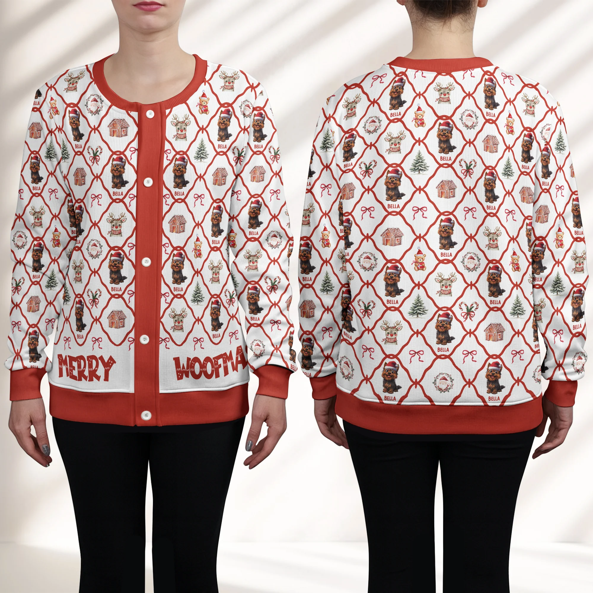Christmas Festive Dogs Merry Woofmas Gift For Her - Personalized Crewneck Cardigan - Image 2