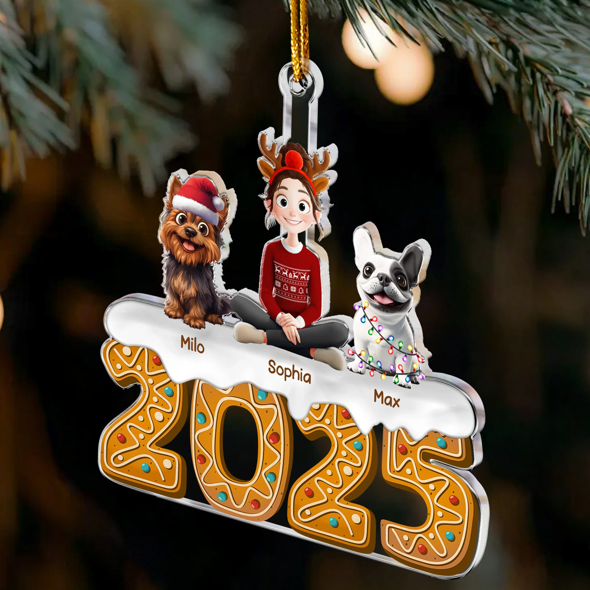 Christmas Gingerbread Girl And Her Dogs - Personalized Acrylic Ornament - Image 3