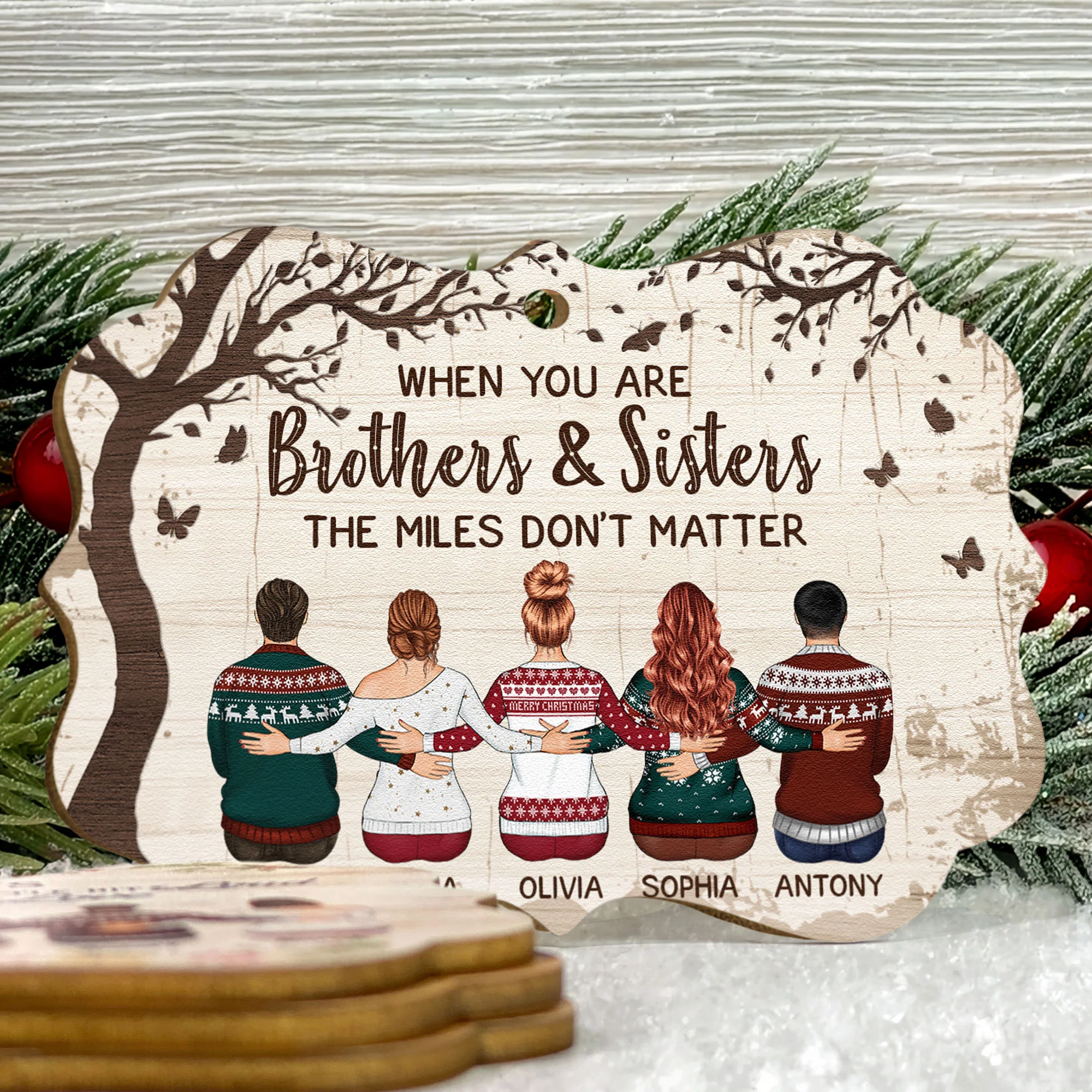 Christmas Is Better With Family, Siblings, Brothers & Sisters - Personalized Wooden Ornament - Image 3