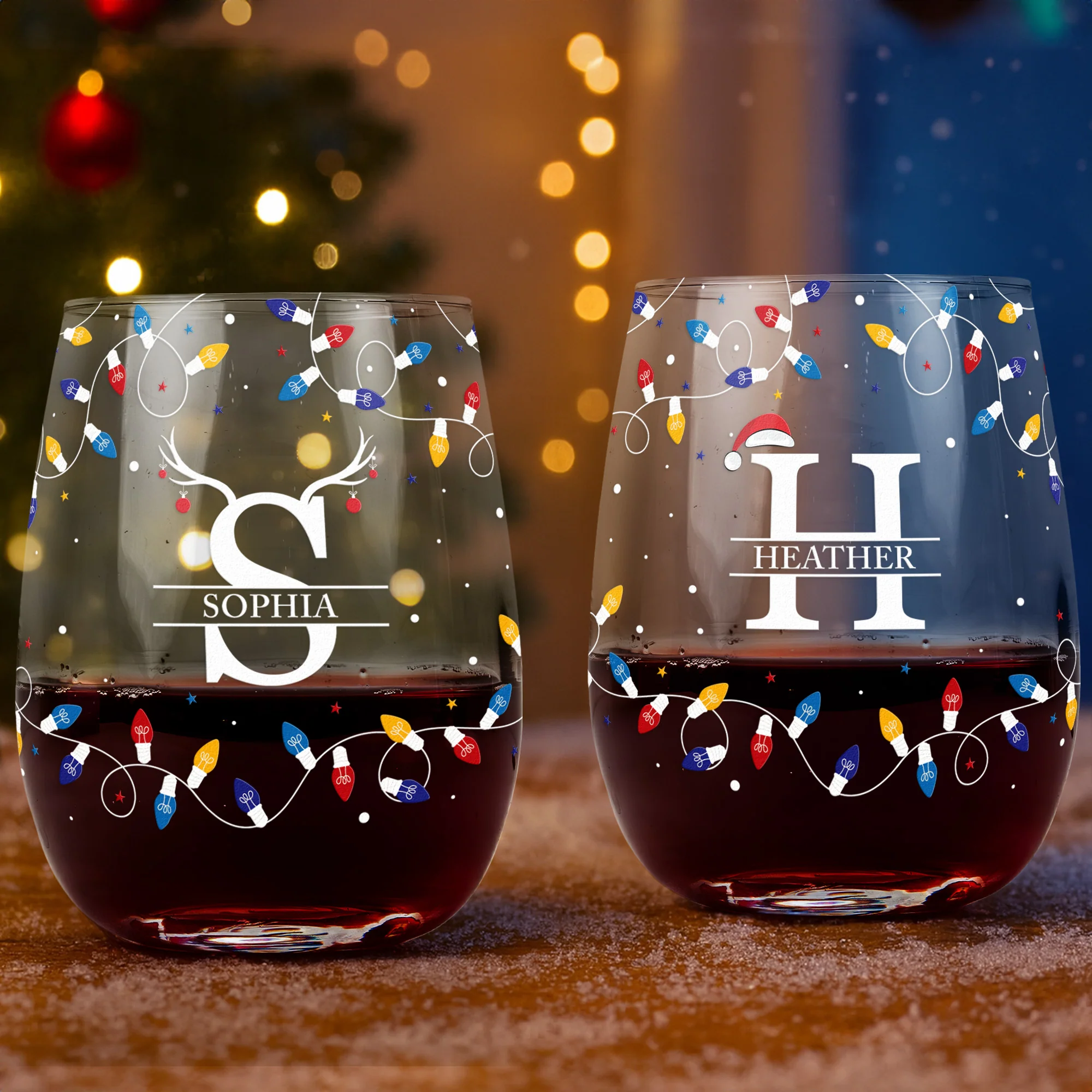 Christmas Led Lights For Family, Friends, Sisters, Wine Party - Personalized Stemless Wine Glass - Image 2