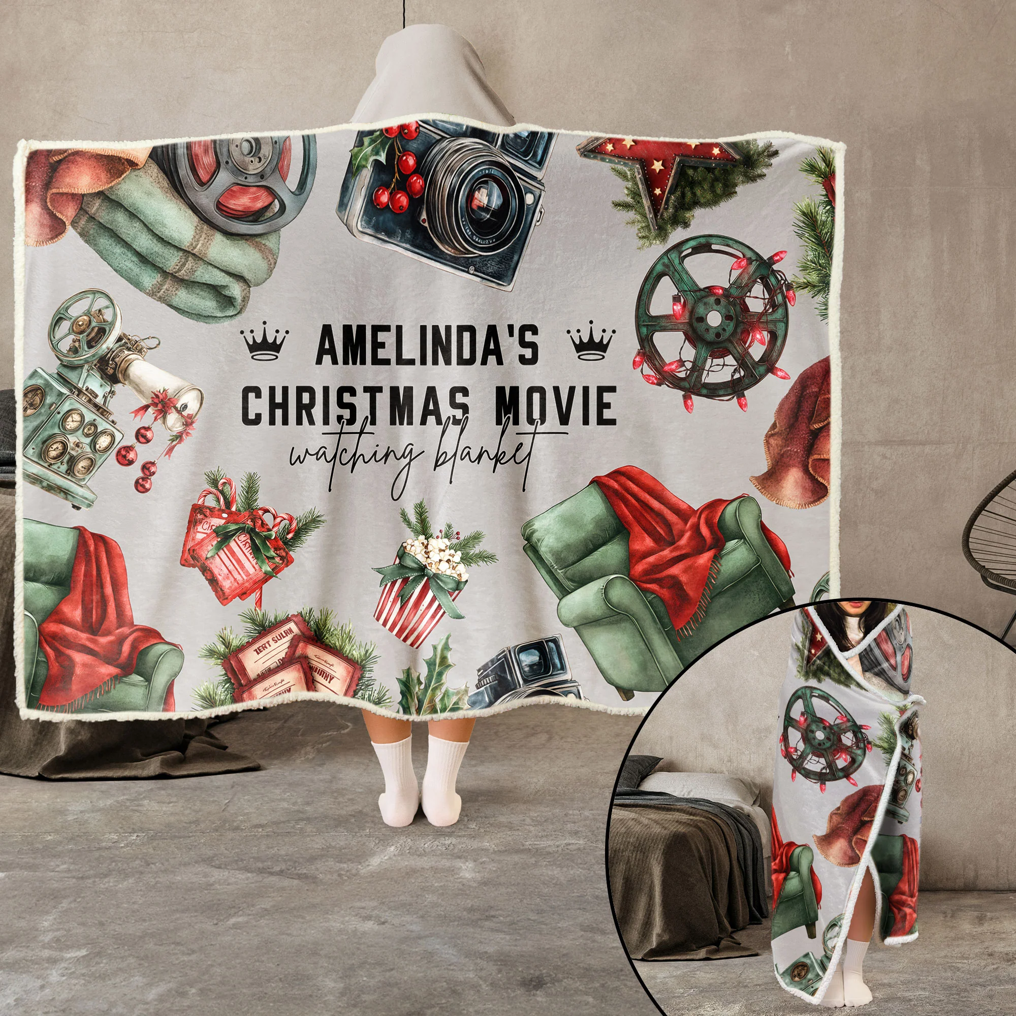 Christmas Movie Watching Blanket - Personalized Wearable Blanket Hoodie - Image 4