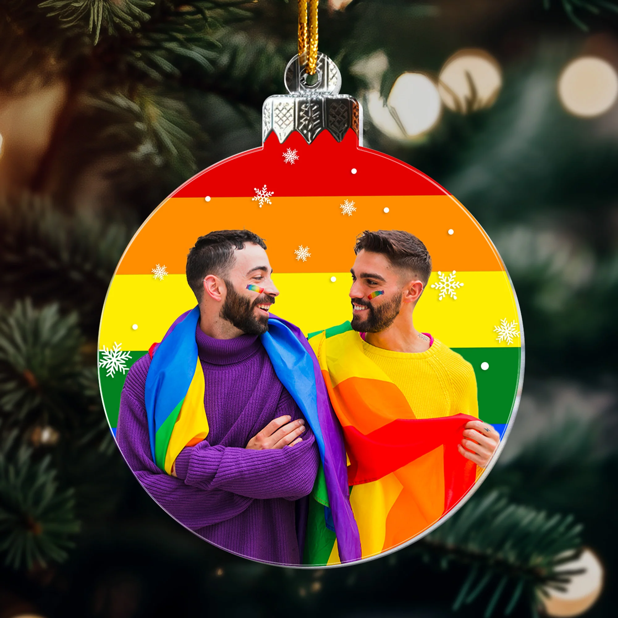 Christmas Snowball Rainbow For Couple Family - Personalized Acrylic Photo Ornament