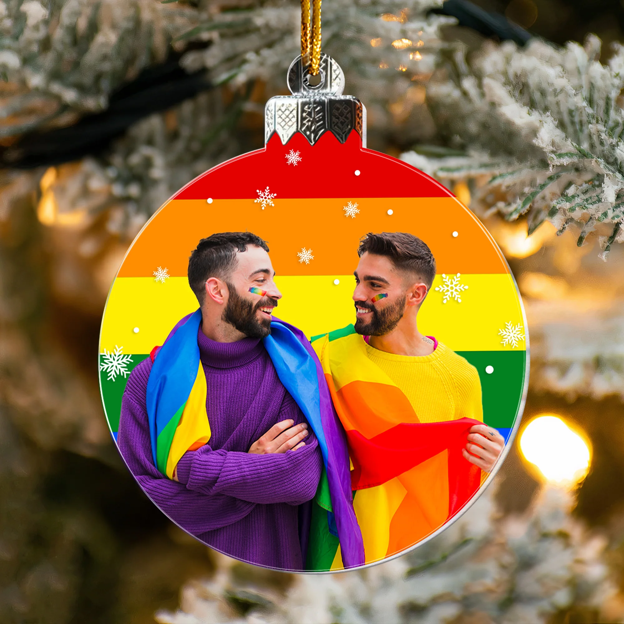 Christmas Snowball Rainbow For Couple Family - Personalized Acrylic Photo Ornament - Image 5
