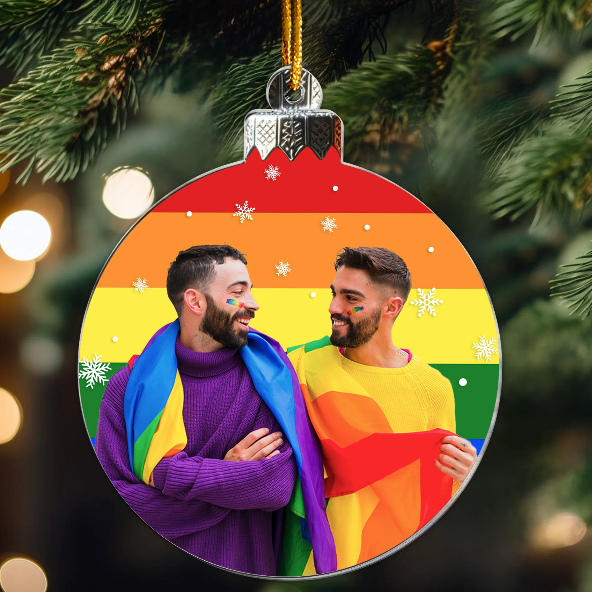 Christmas Snowball Rainbow For Couple Family - Personalized Acrylic Photo Ornament - Image 6